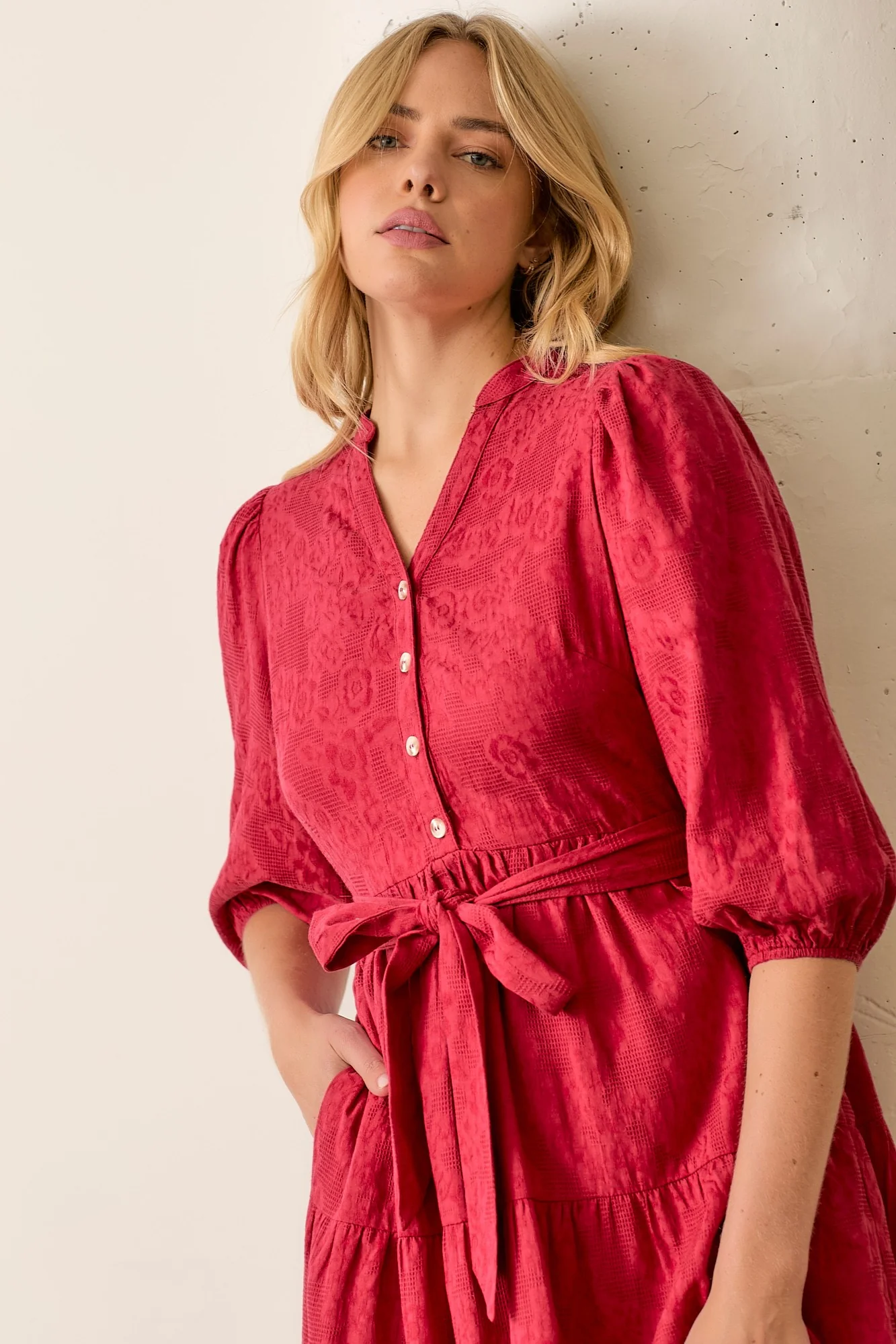 Burgundy Floral Jacquard Button Front Tiered Dress - Image 4