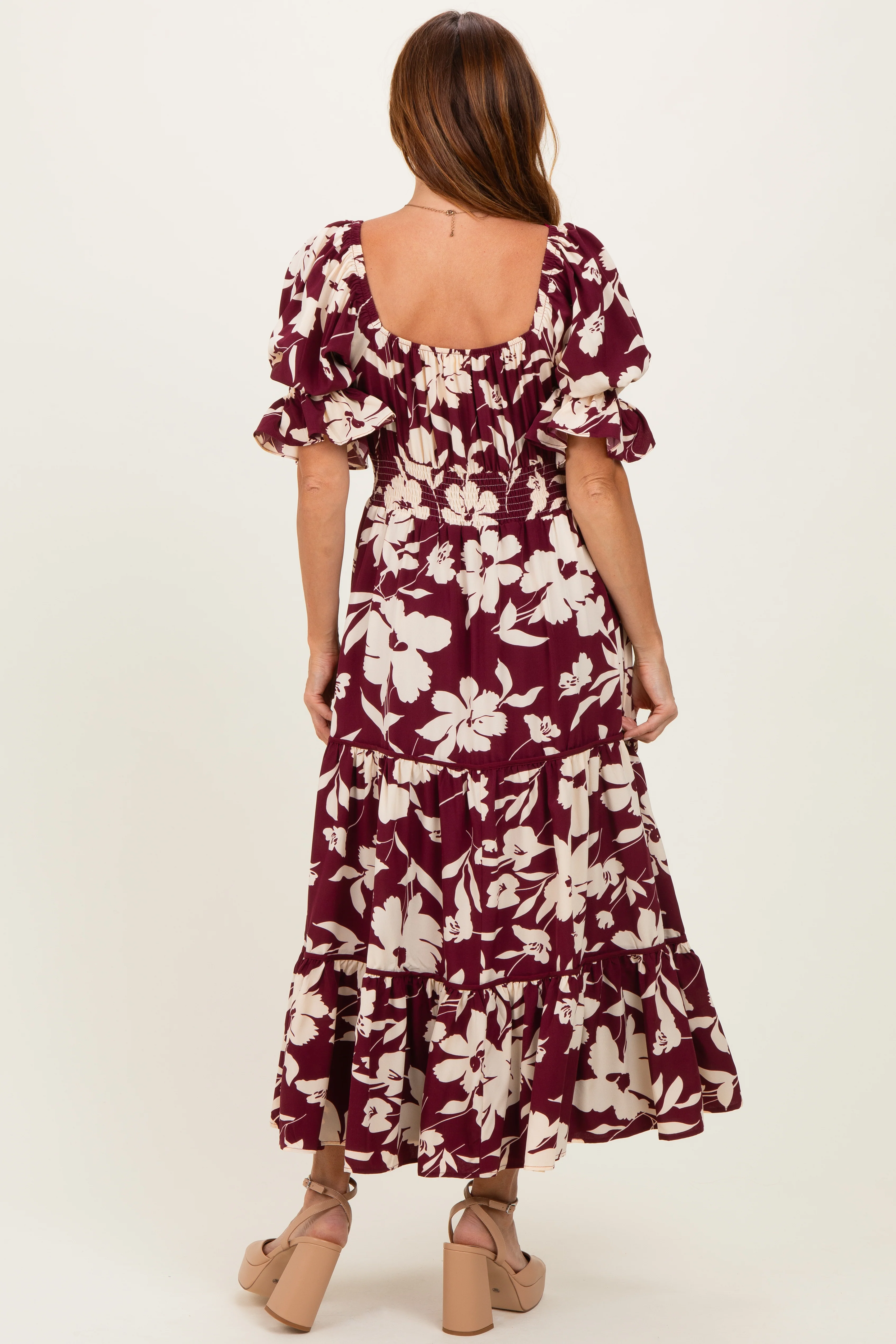 Burgundy Floral Short Sleeve Square Neck Tiered Maxi Dress - Image 3