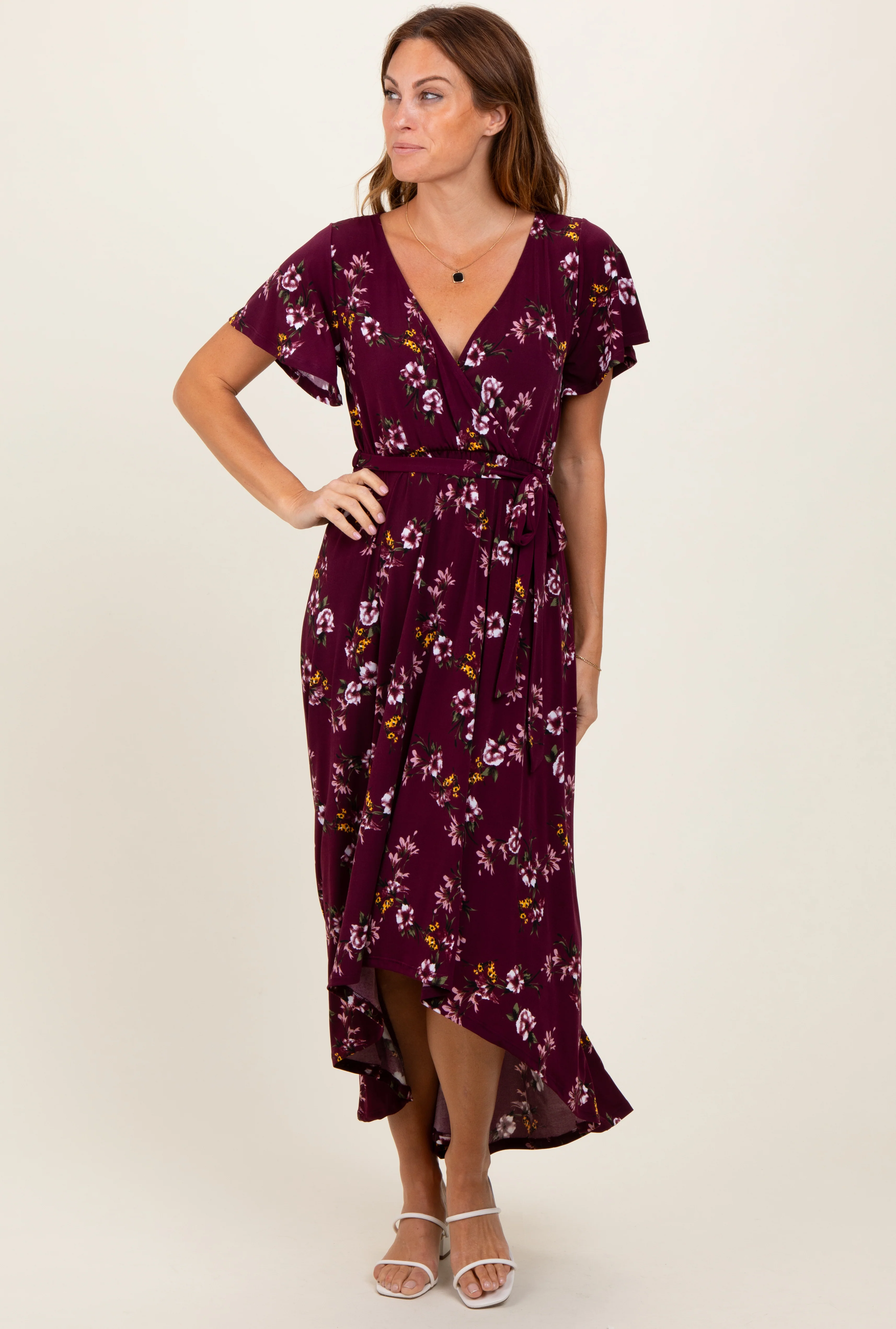 Burgundy Floral Short Sleeve Wrap Hi-Low Maternity Maxi Dress - Image 5
