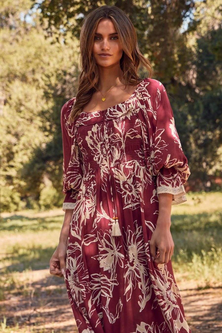 Burgundy Floral Smocked 3/4 Sleeve Midi Dress - Image 2