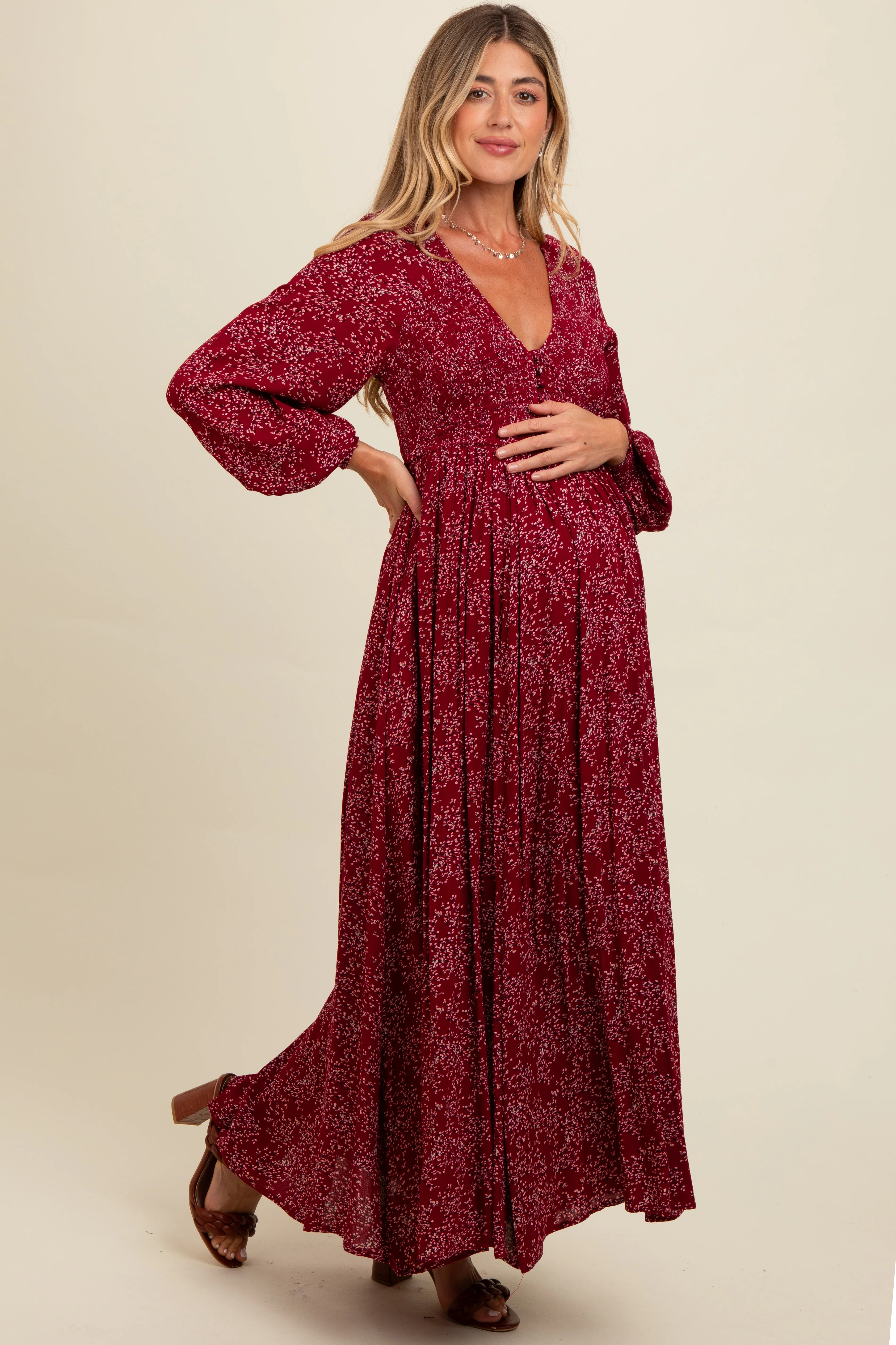 Burgundy Floral Smocked Button Detail Maternity Maxi Dress - Image 3