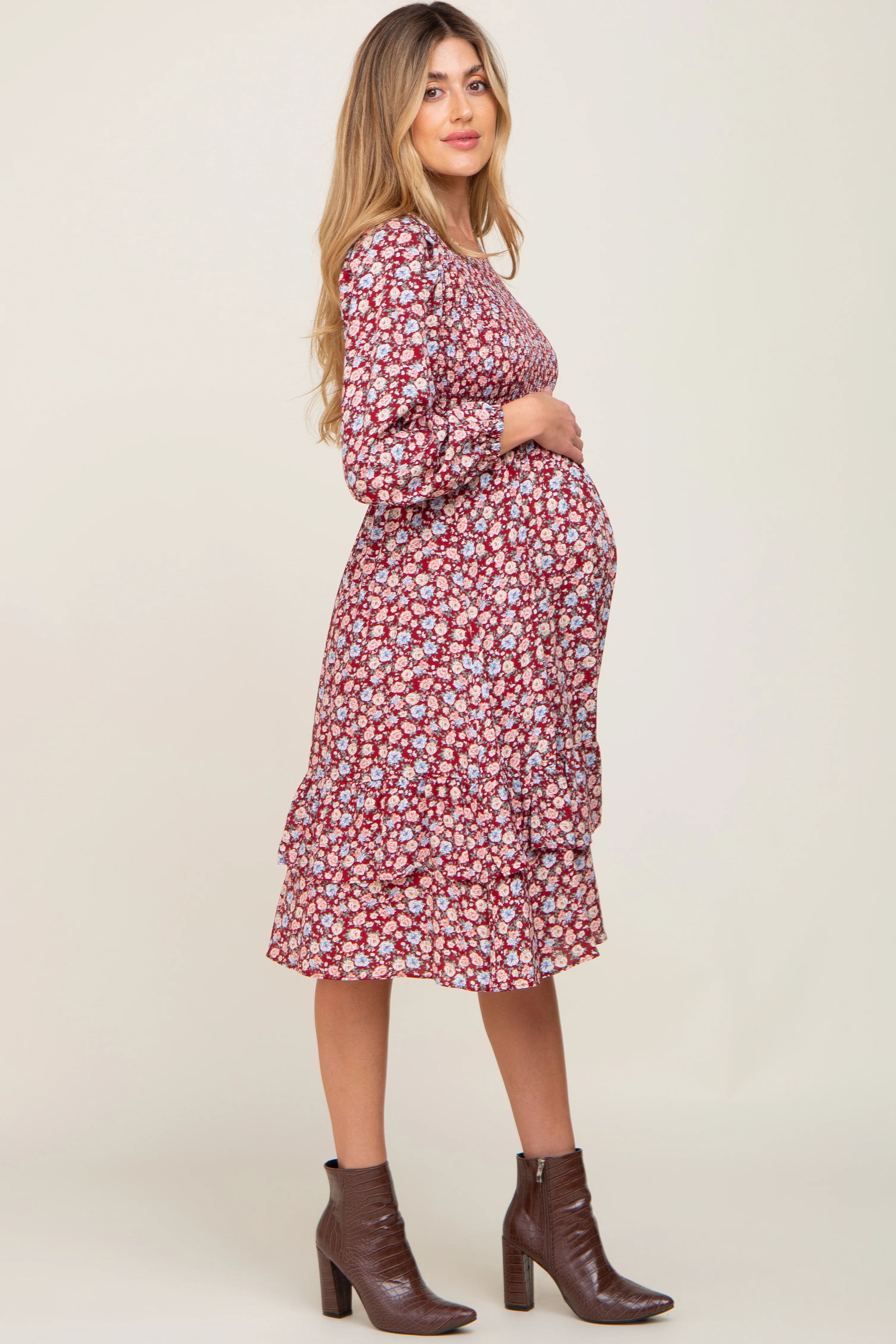 Burgundy Floral Smocked Long Sleeve Maternity Midi Dress - Image 3