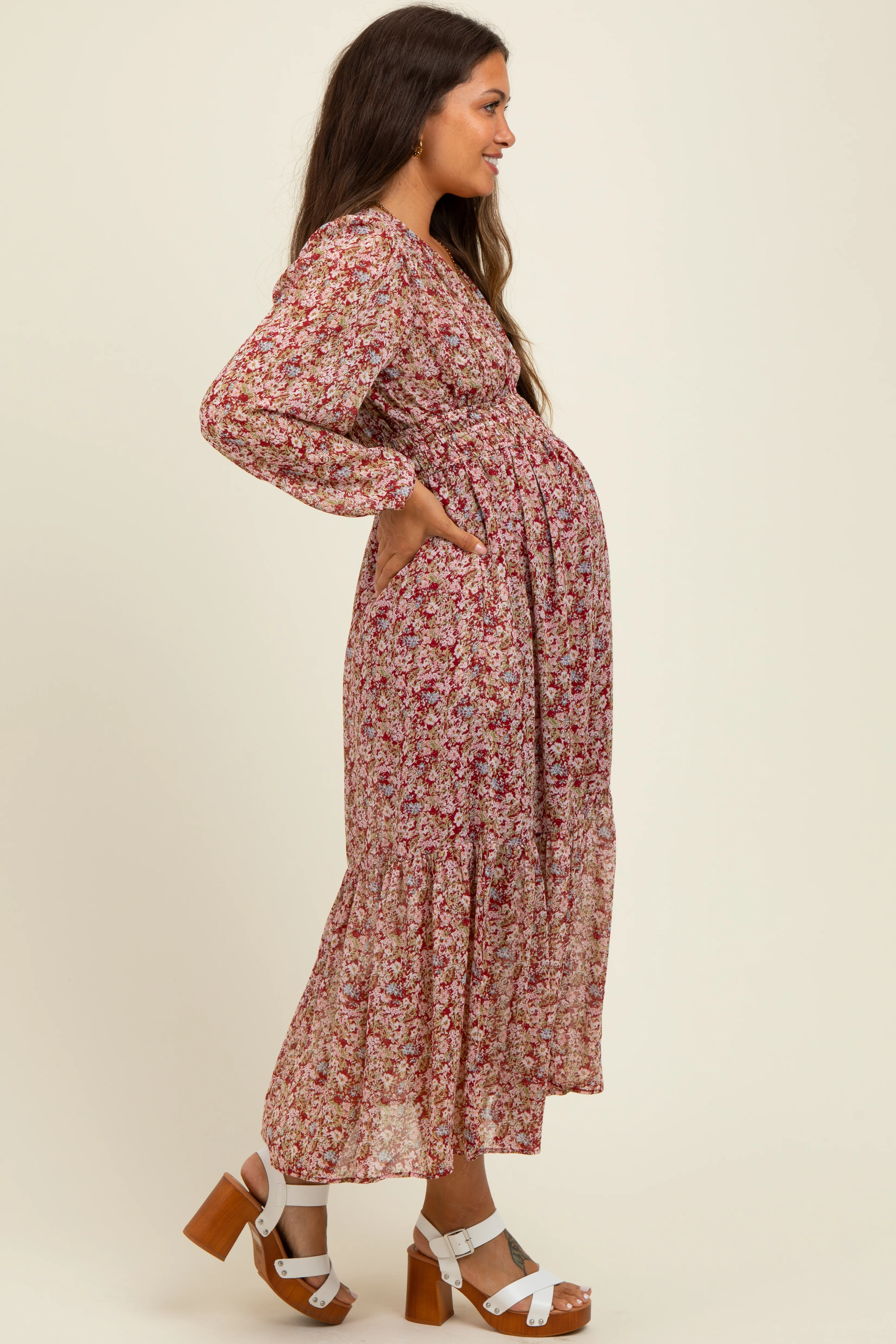 Burgundy Floral Smocked Waist Maternity Maxi Dress - Image 3