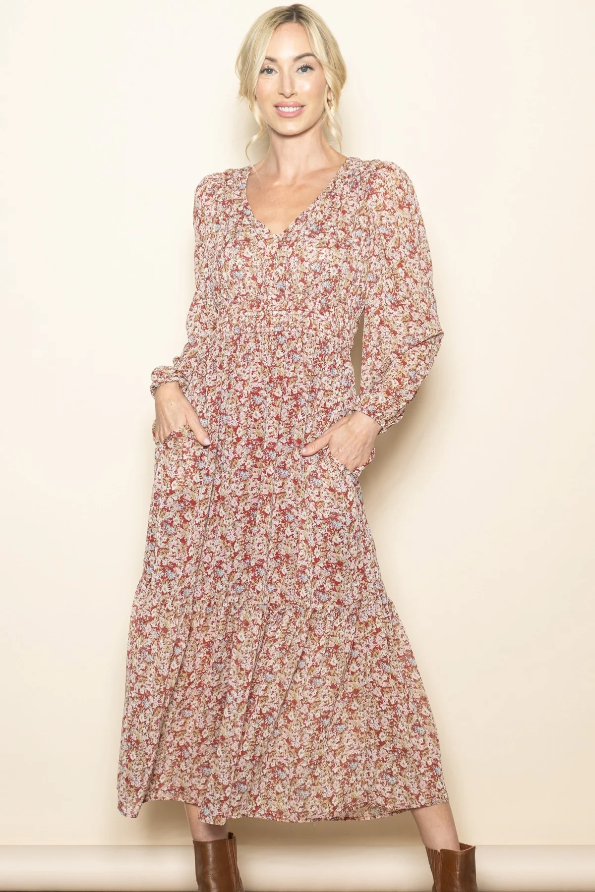 Burgundy Floral Smocked Waist Maternity Maxi Dress - Image 5