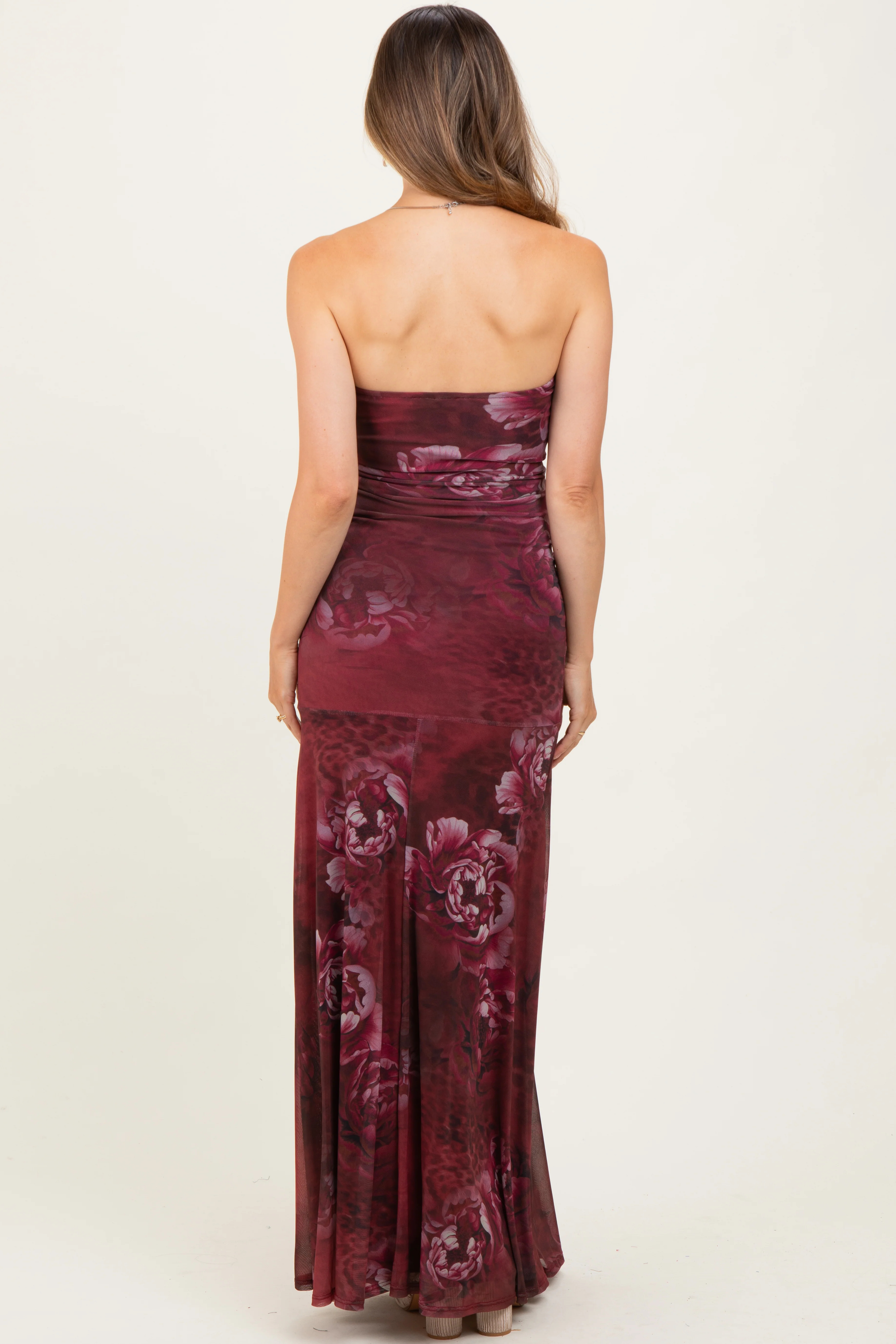 Burgundy Floral Strapless Maternity Maxi Dress - Image 4