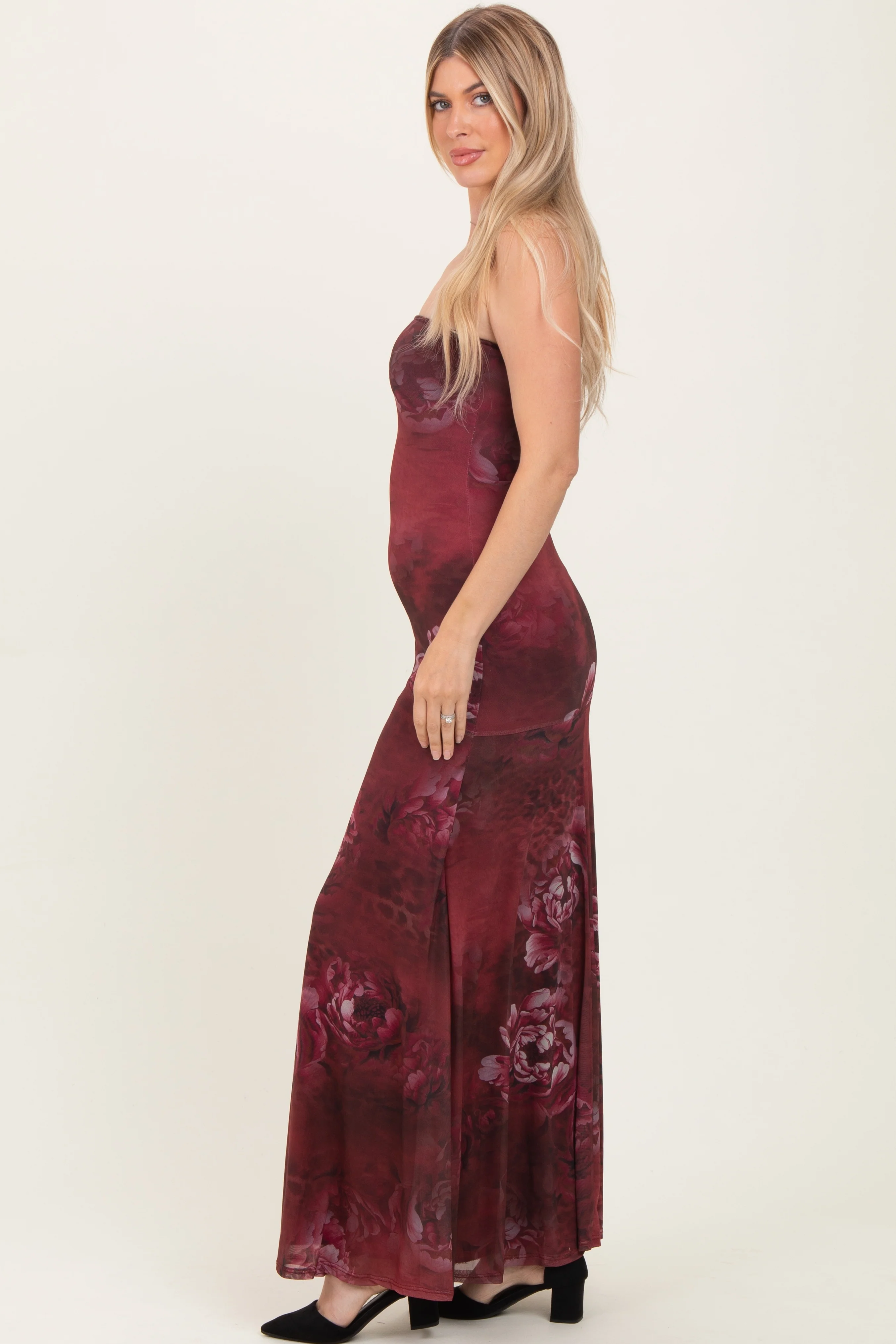 Burgundy Floral Strapless Maxi Dress - Image 2
