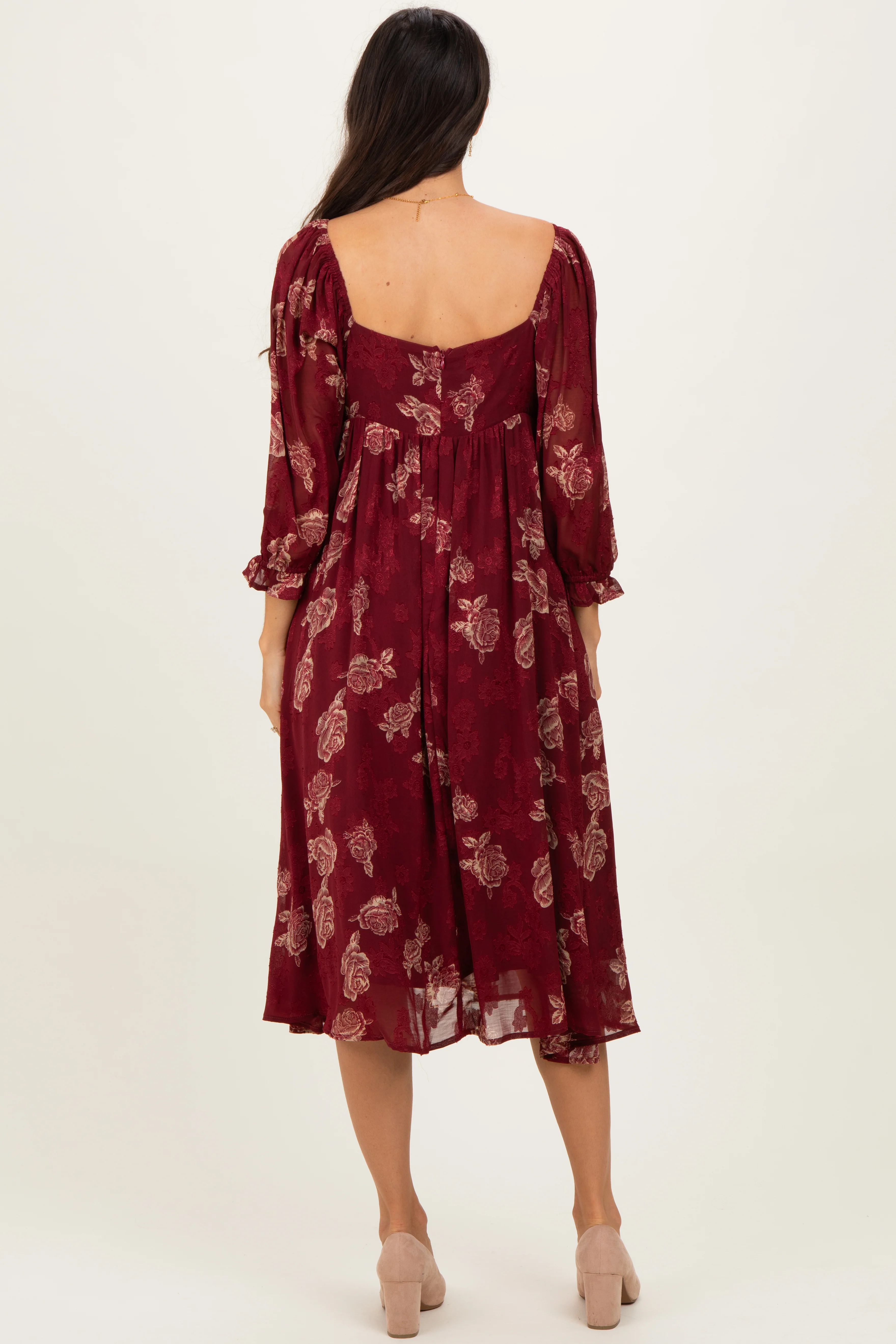 Burgundy Floral Textured Midi Dress - Image 3