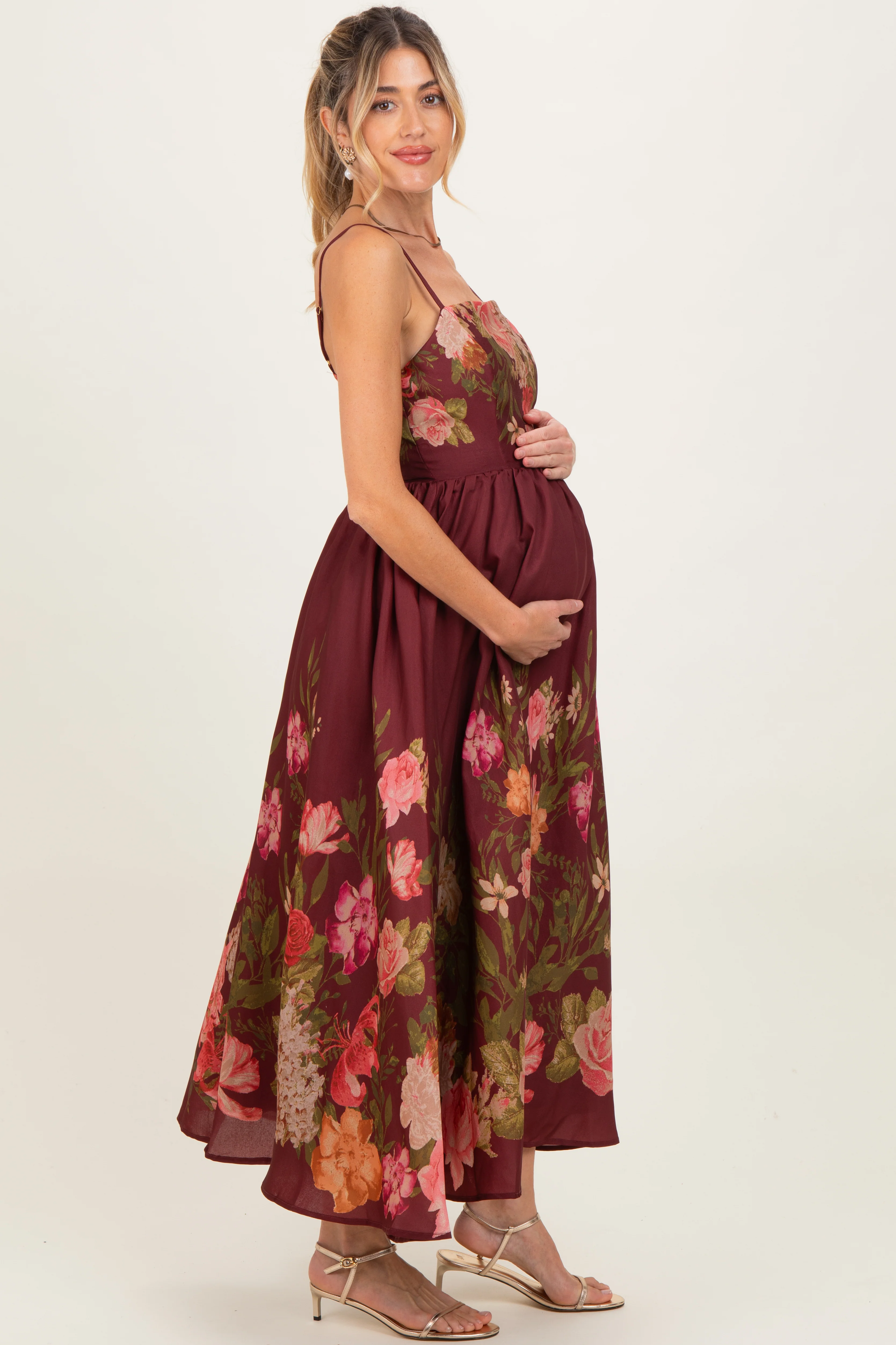 Burgundy Floral Thin Strap Maternity Maxi Dress - Image 3