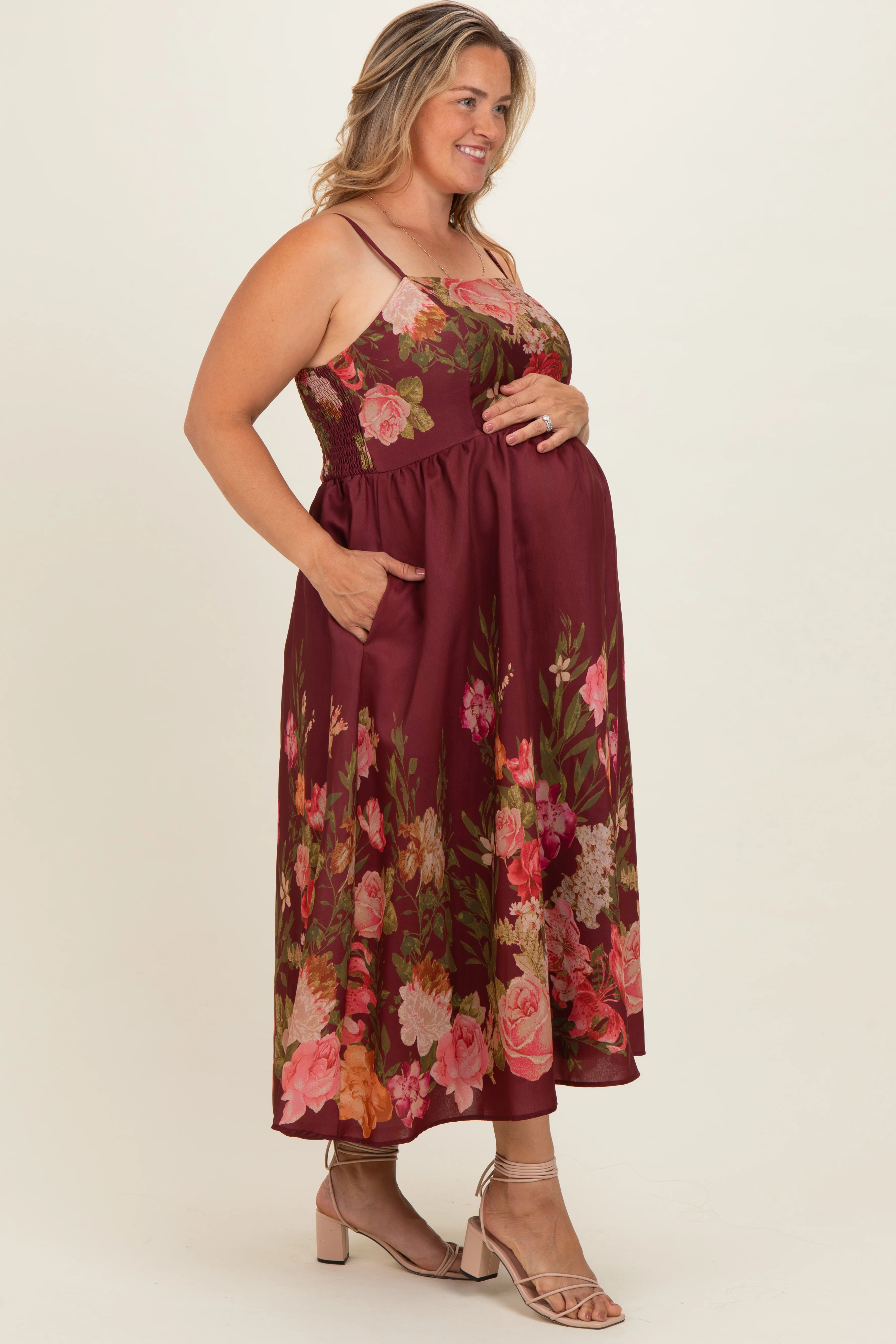 Burgundy Floral Thin Strap Maternity Plus Maxi Dress - Image 3
