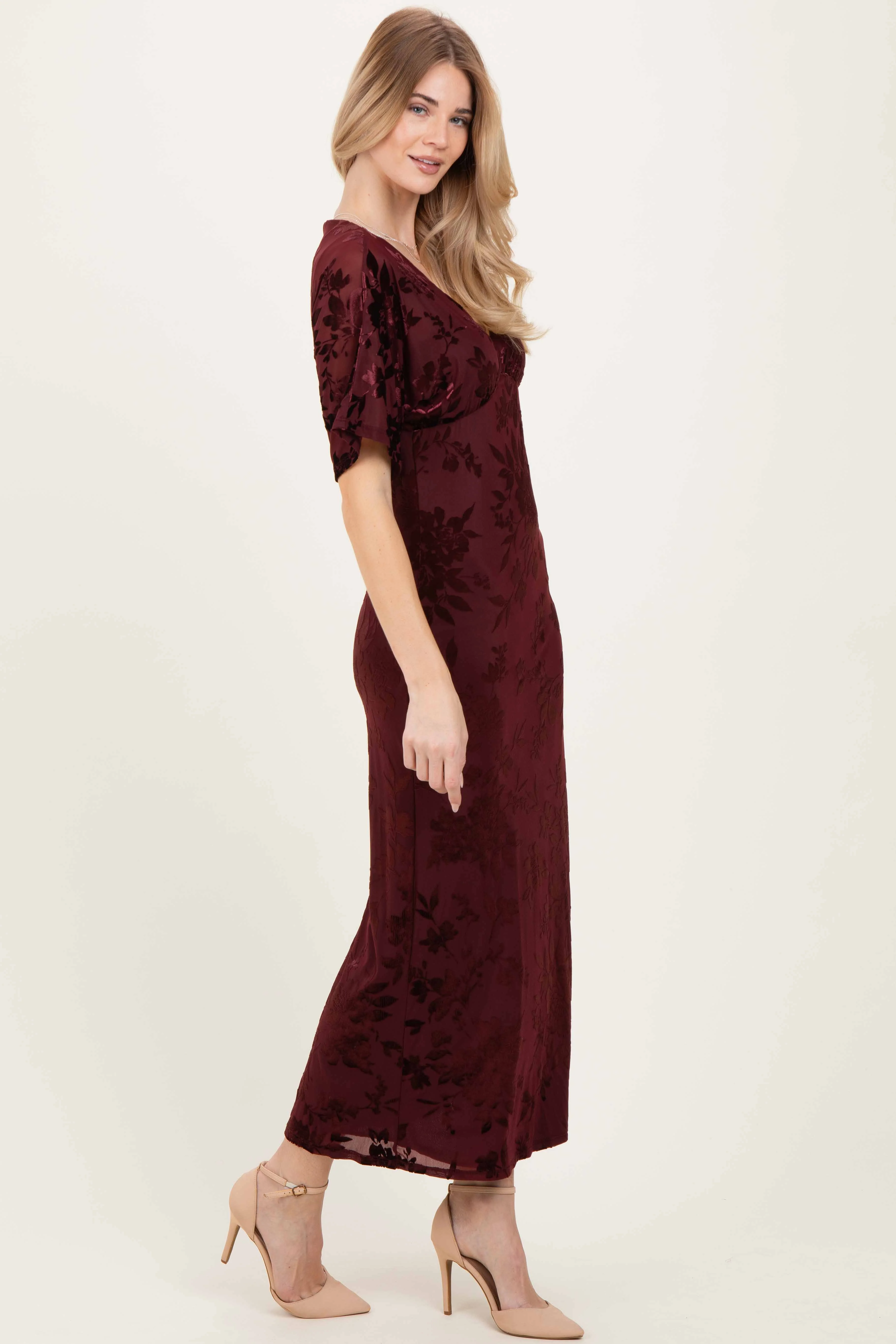 Burgundy Floral Velvet V-Neck Short Sleeve Maxi Dress - Image 3