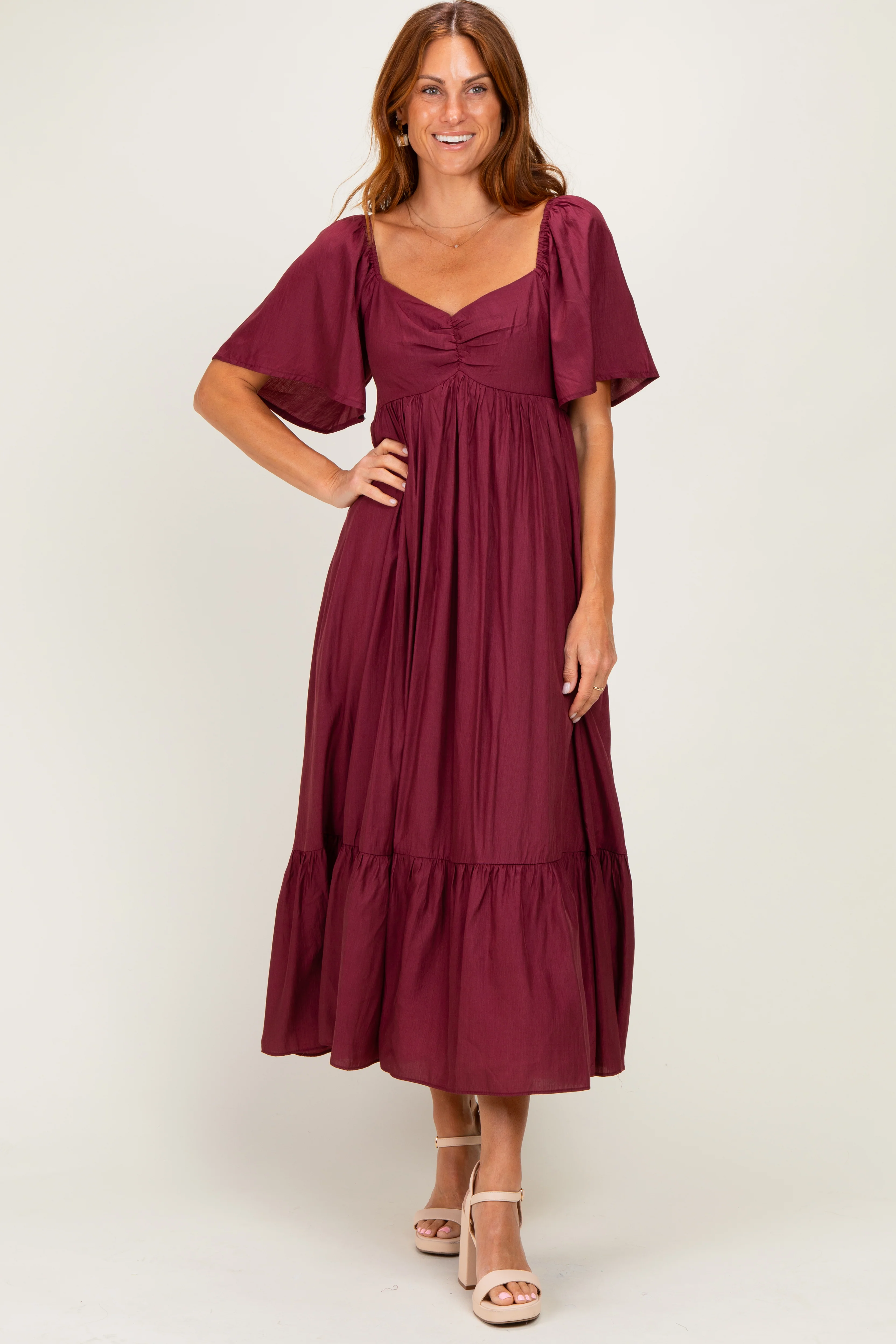 Burgundy Flutter Sleeve Ruffle Hem Maternity Midi Dress - Image 4