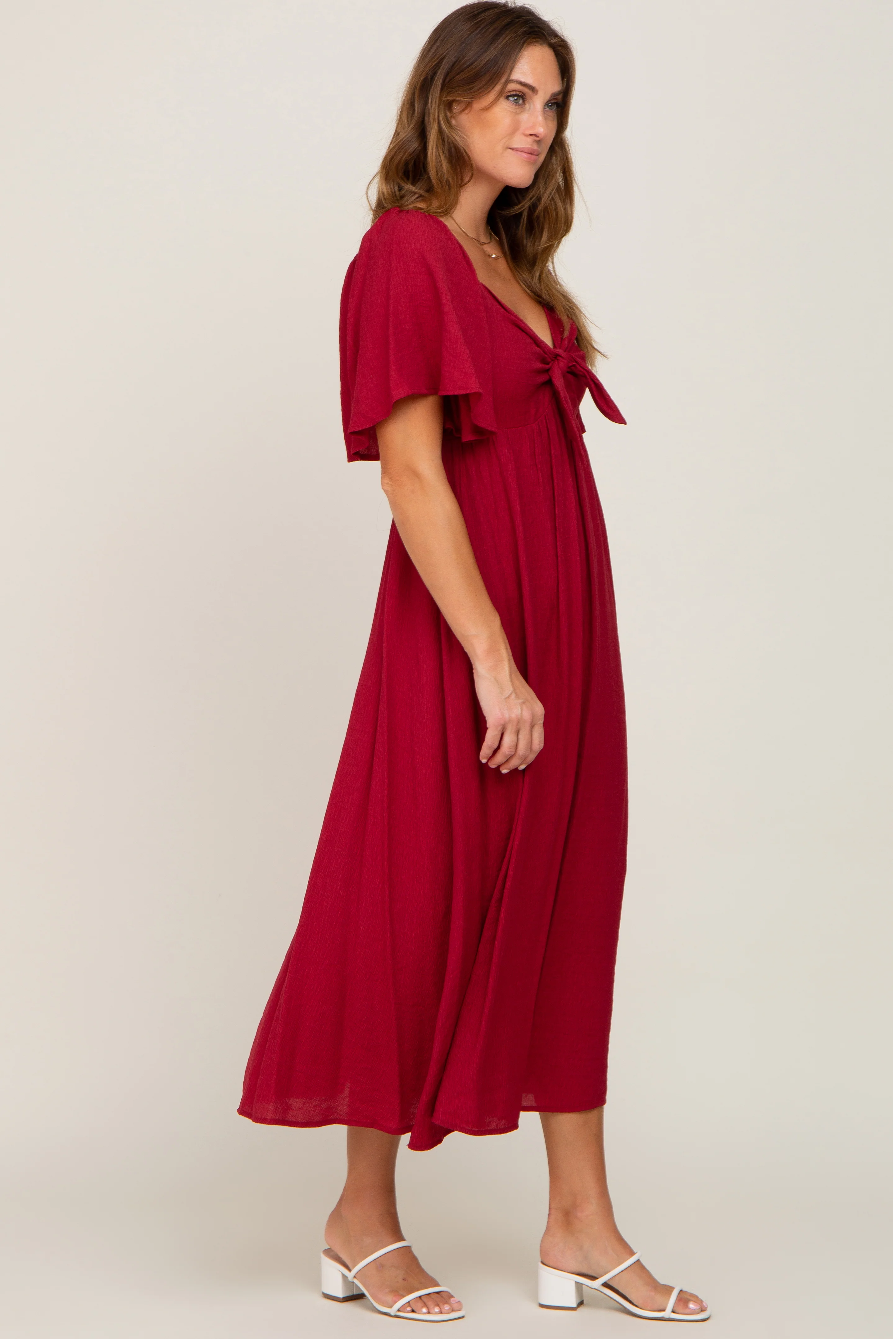 Burgundy Front Tie Ruffle Sleeve Midi Dress - Image 2