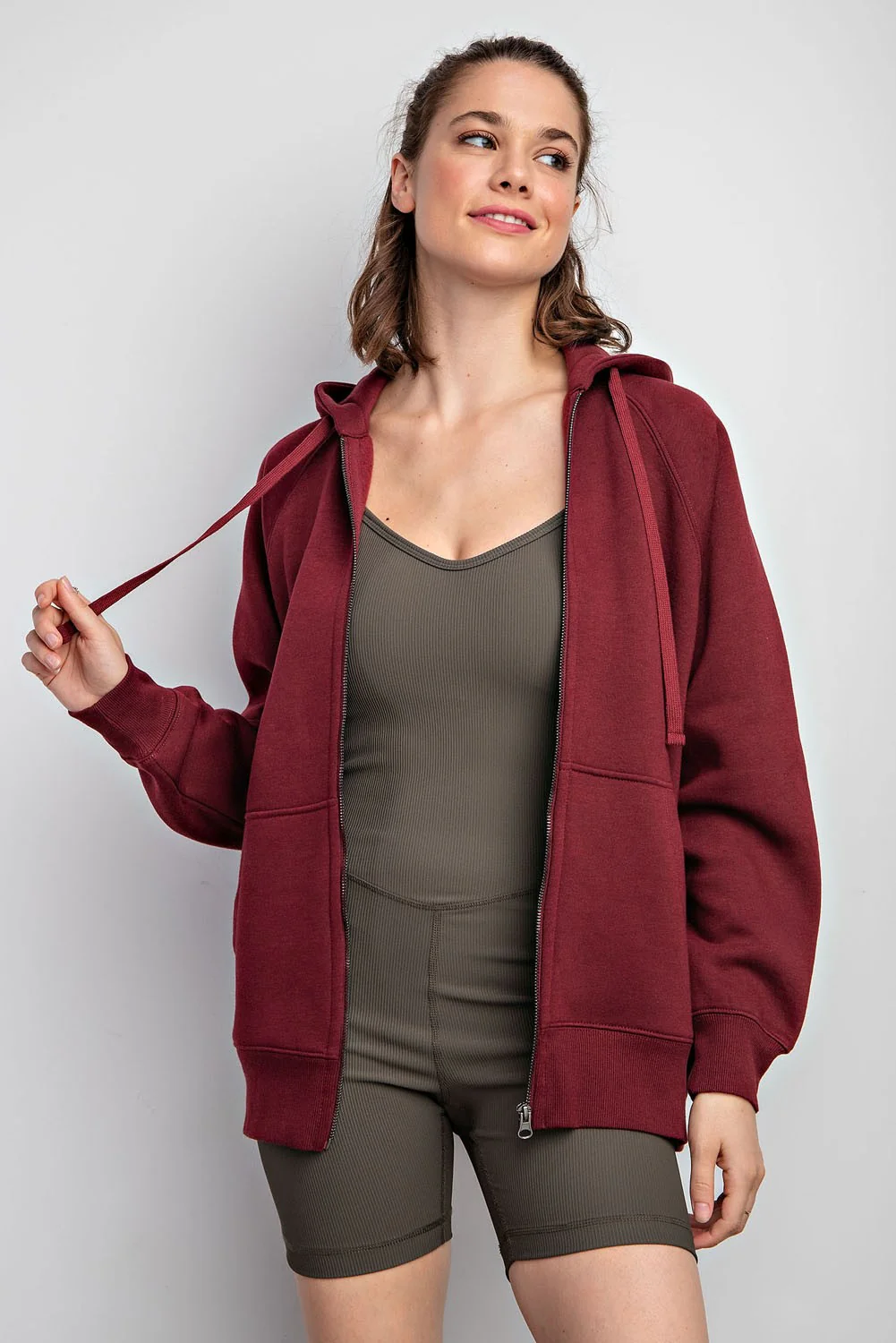 Burgundy Front Zipper Hooded Maternity Sweater - Image 5