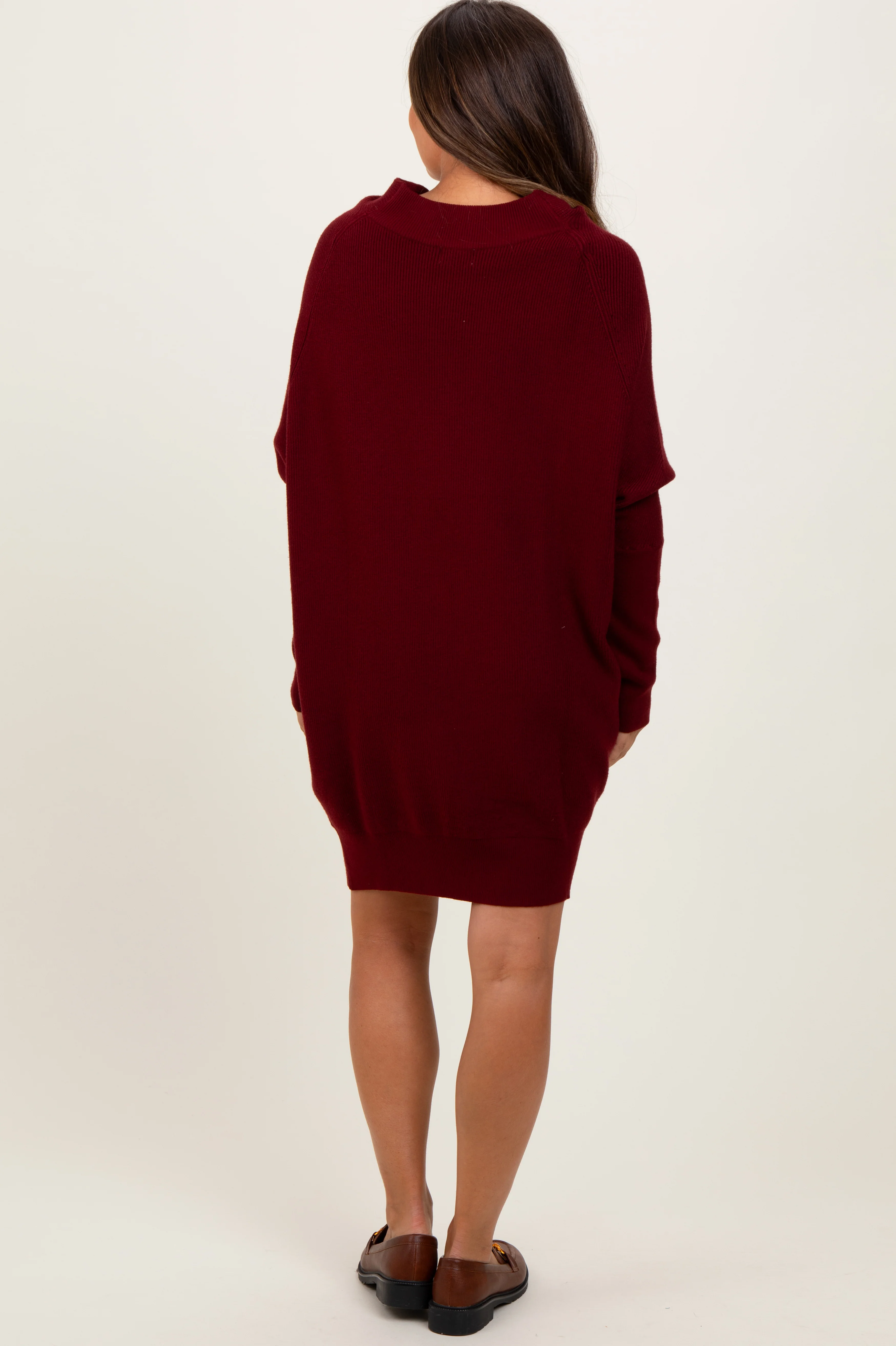 Burgundy Funnel Neck Dolman Sleeve Maternity Mini Dress - Image 3