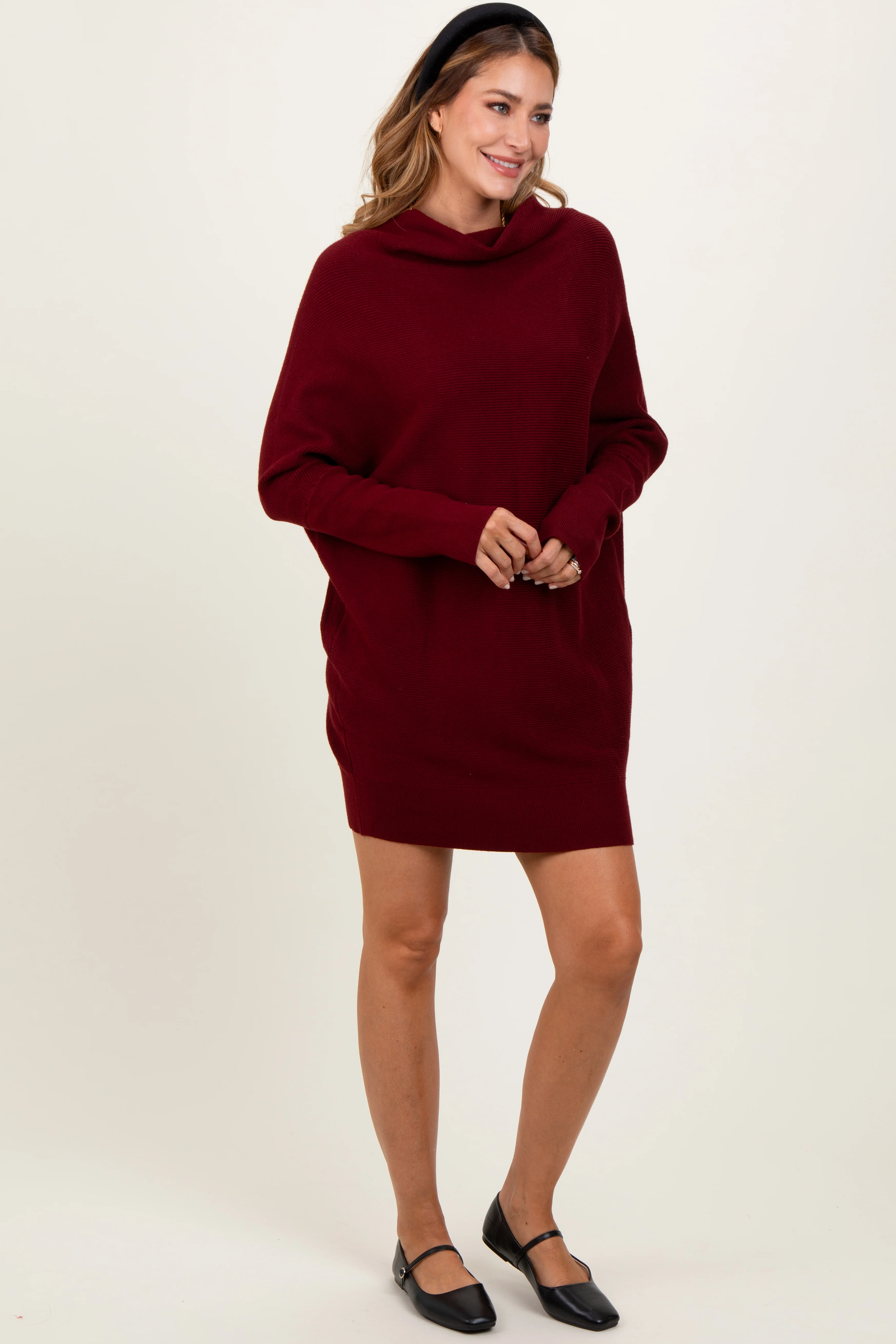 Burgundy Funnel Neck Dolman Sleeve Mini Dress - Image 3