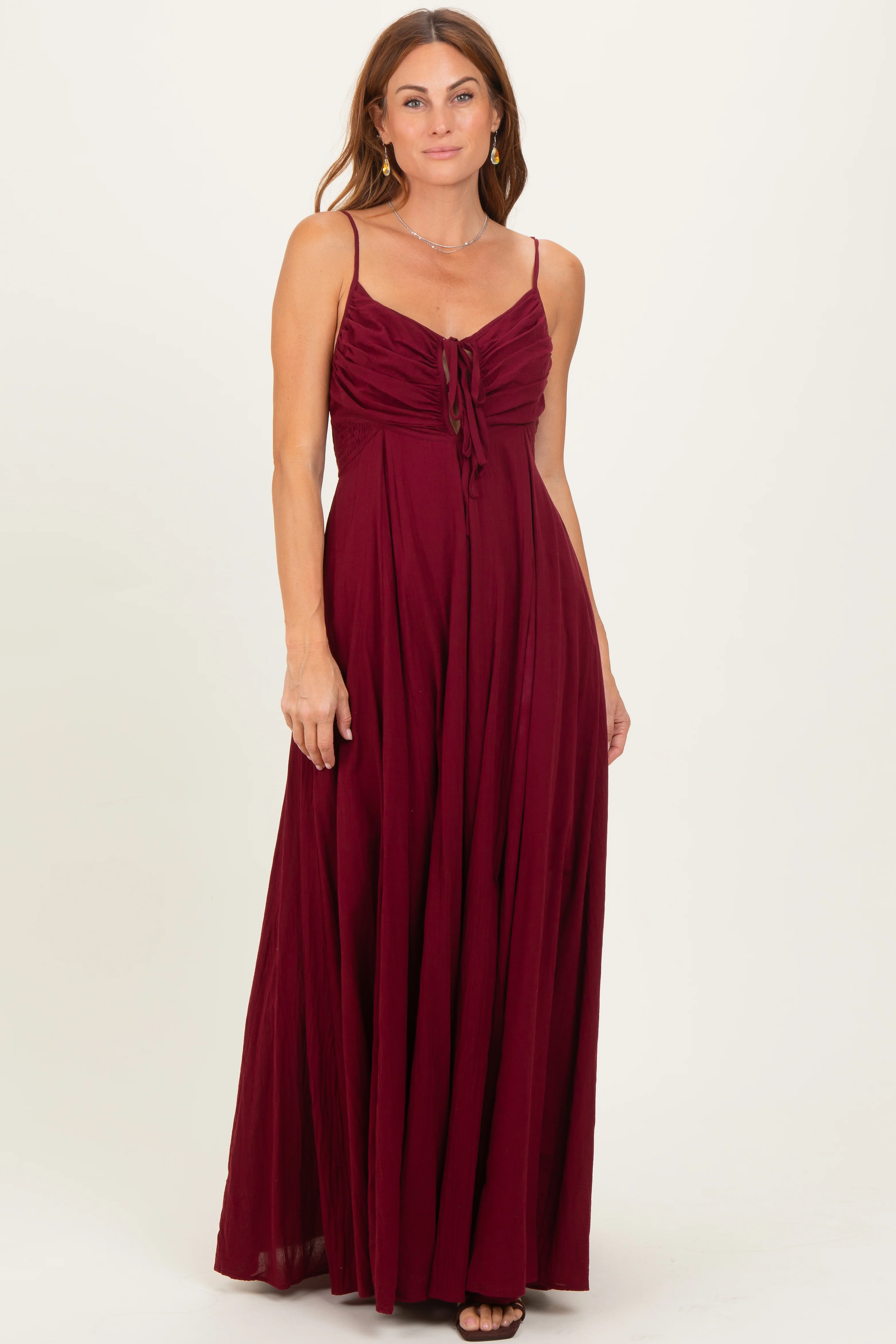 Burgundy Gathered Tie Front Maxi Dress - Image 2