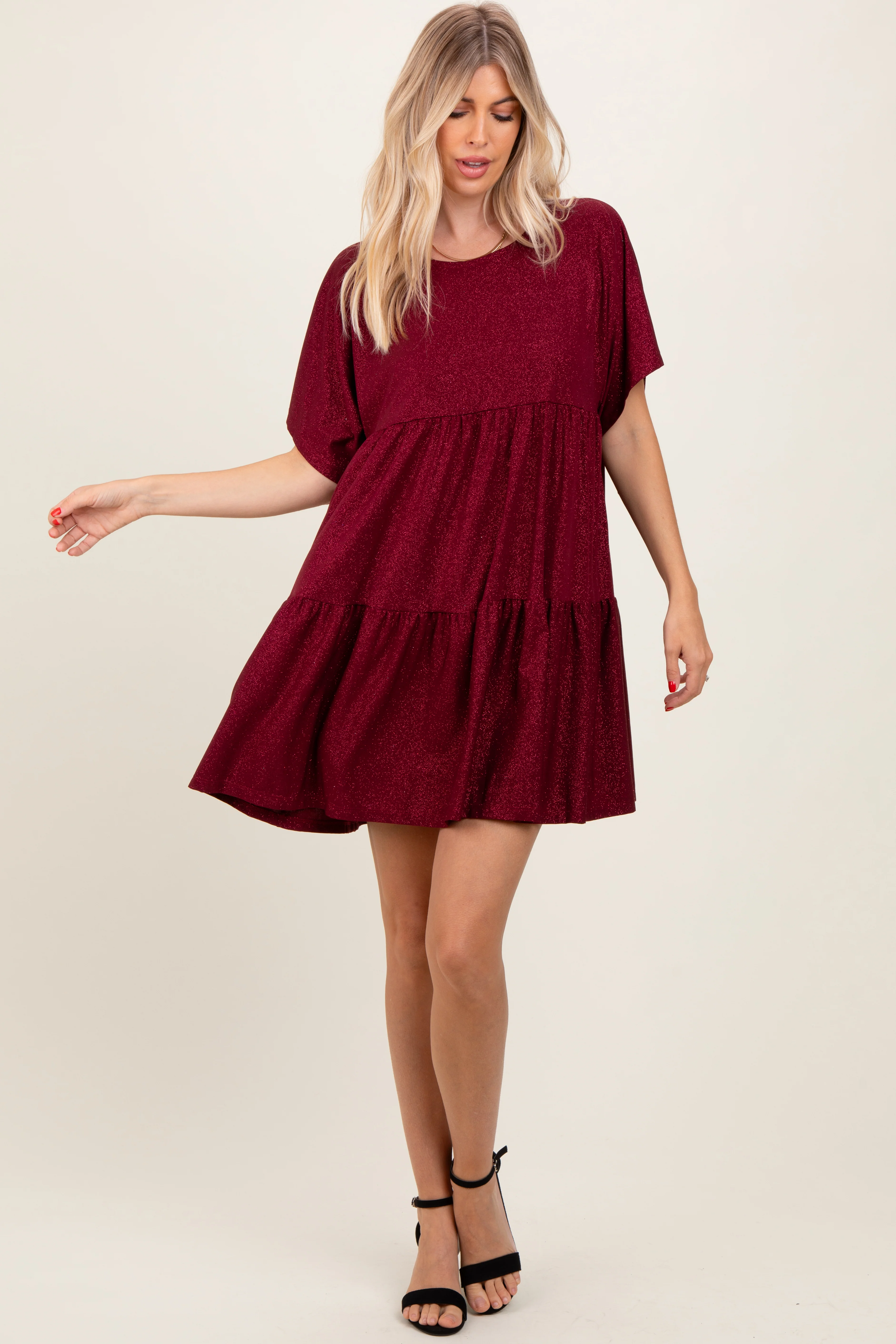 Burgundy Glitter Flutter Sleeve Tiered Dress - Image 4