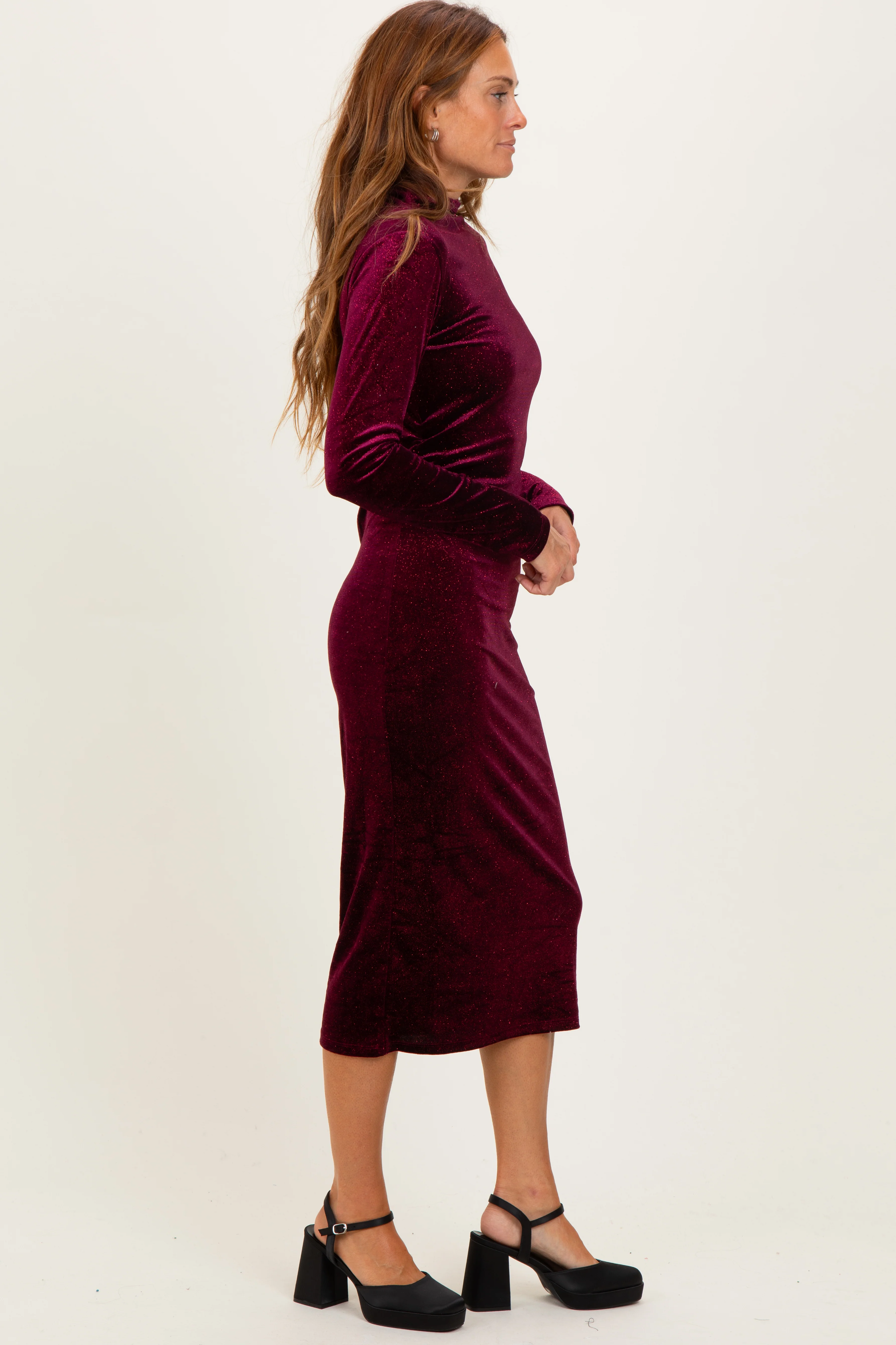 Burgundy Glitter Velvet Ruched Midi Dress - Image 3