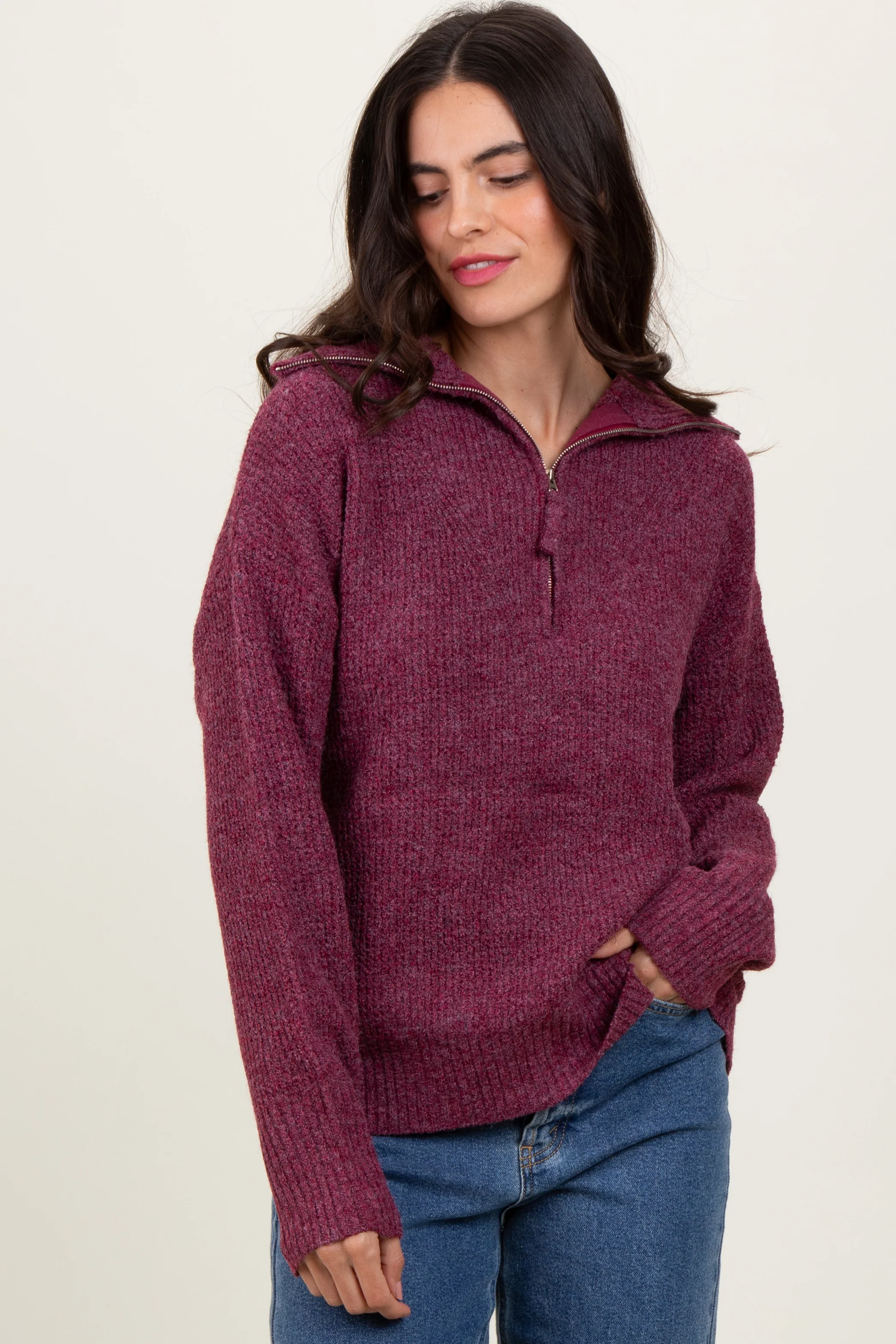 Burgundy Half Zip Pullover Sweater - Image 2