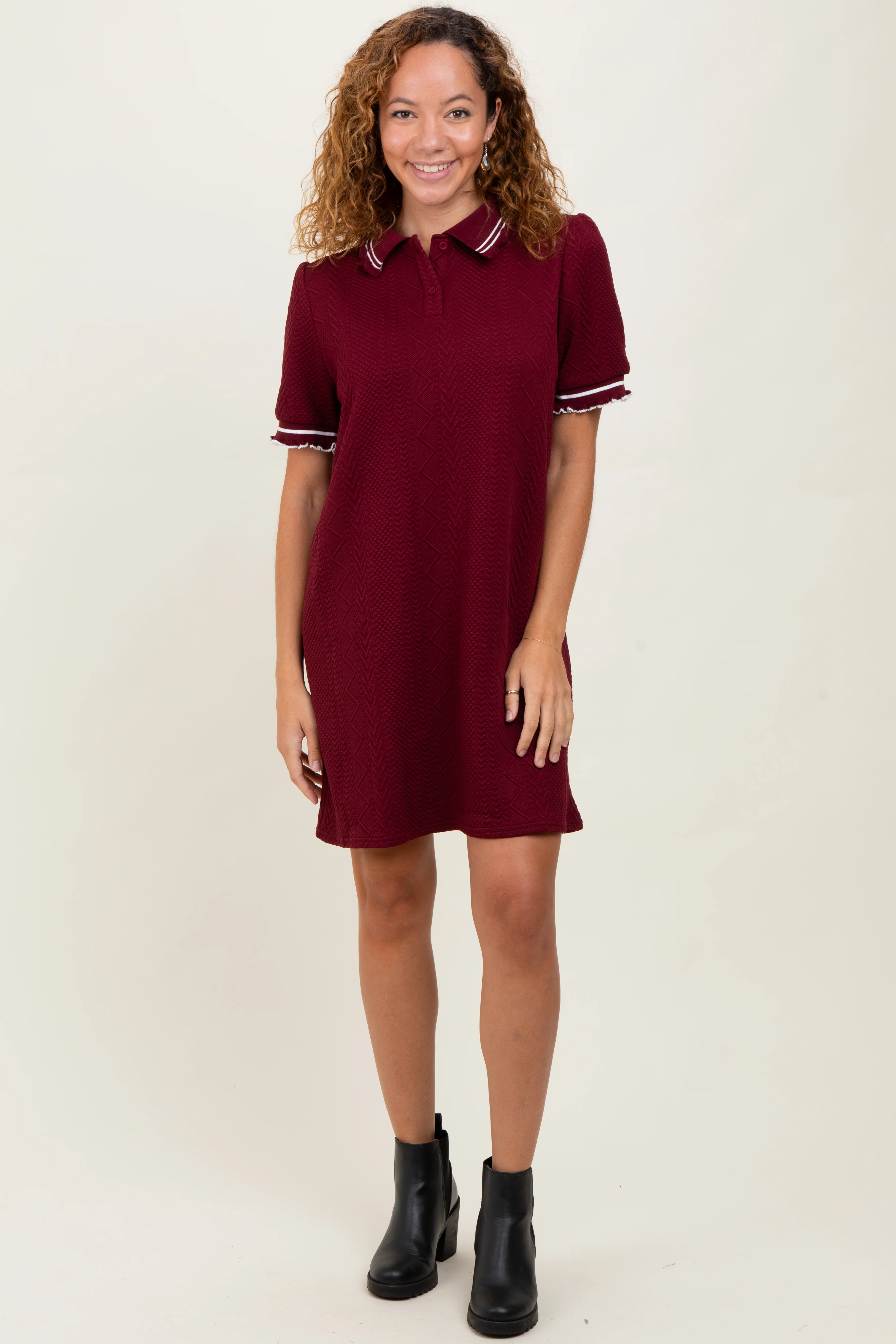 Burgundy Jacquard Ruffle Accent Maternity Polo Dress - Image 4