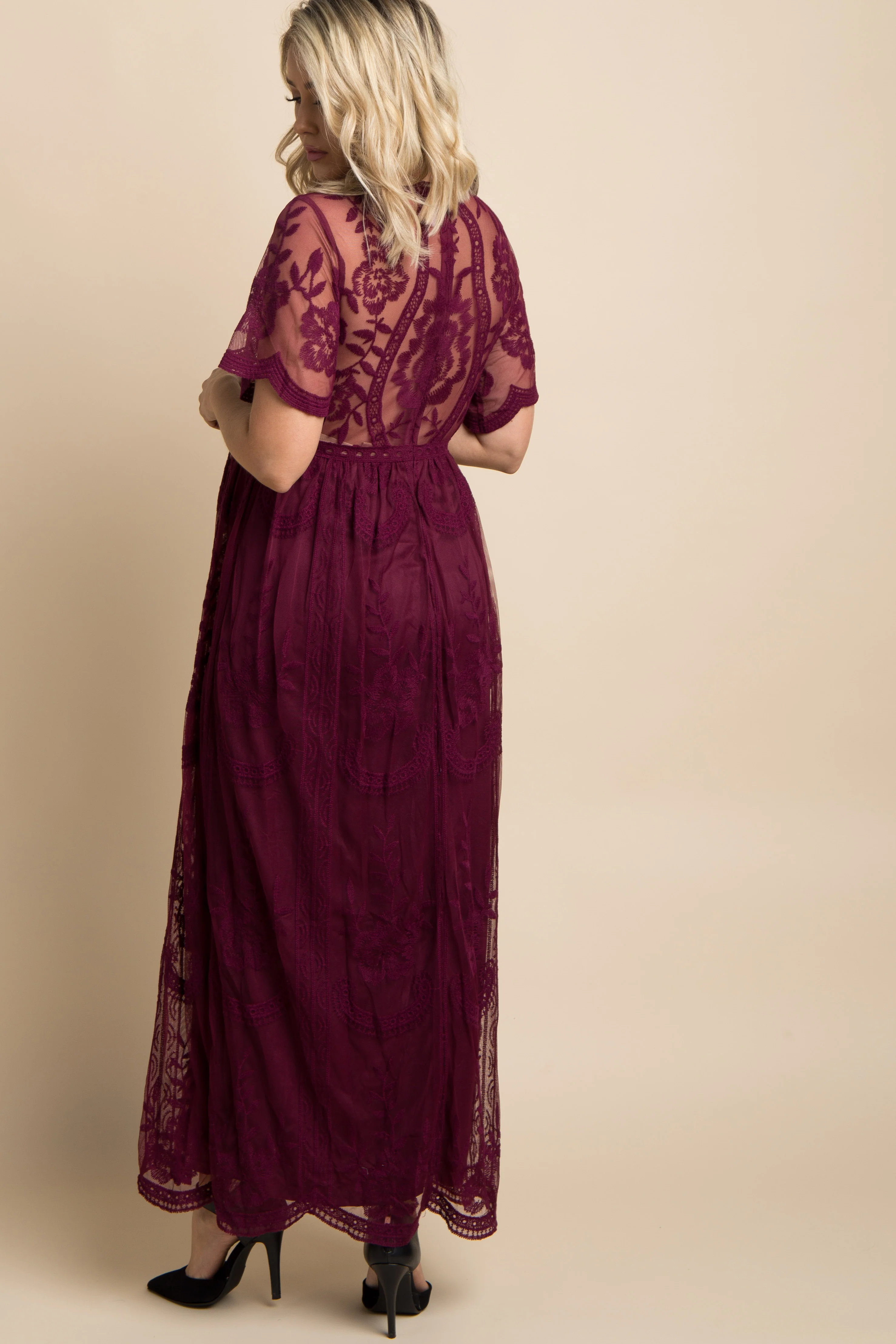 Burgundy Lace Mesh Overlay Maternity Maxi Dress - Image 2