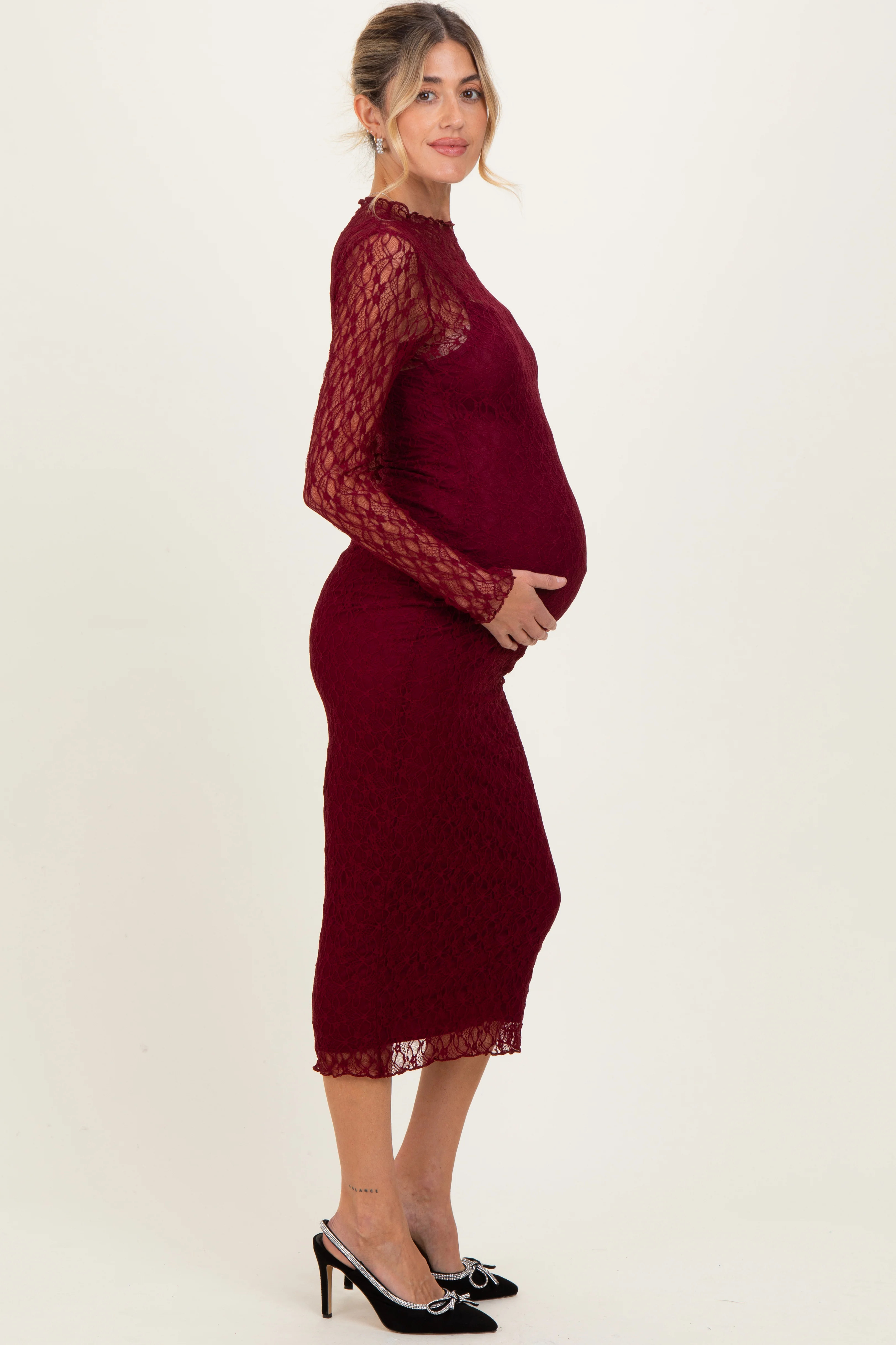 Burgundy Lace Overlay Fitted Maternity Midi Dress - Image 3