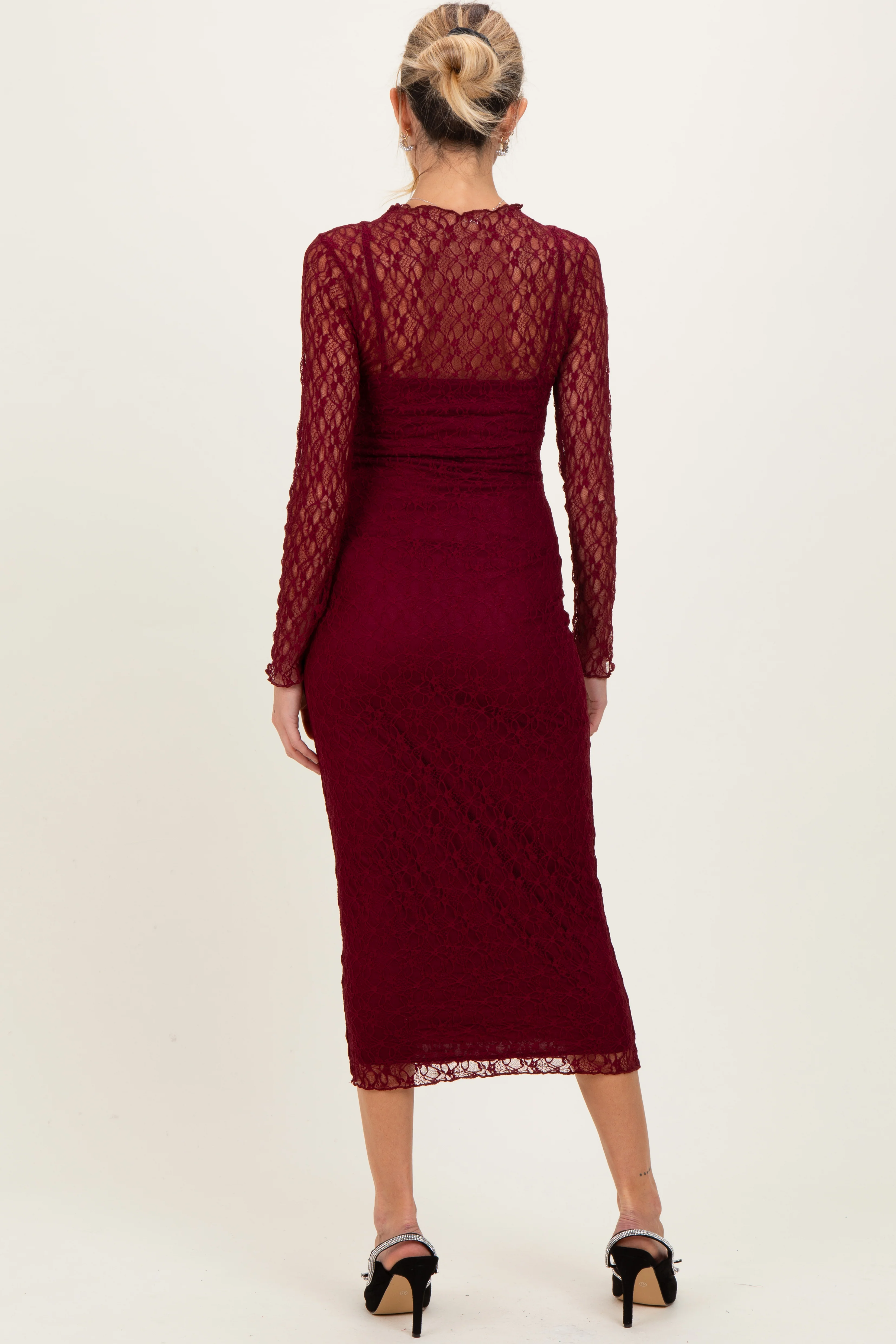 Burgundy Lace Overlay Fitted Maternity Midi Dress - Image 4