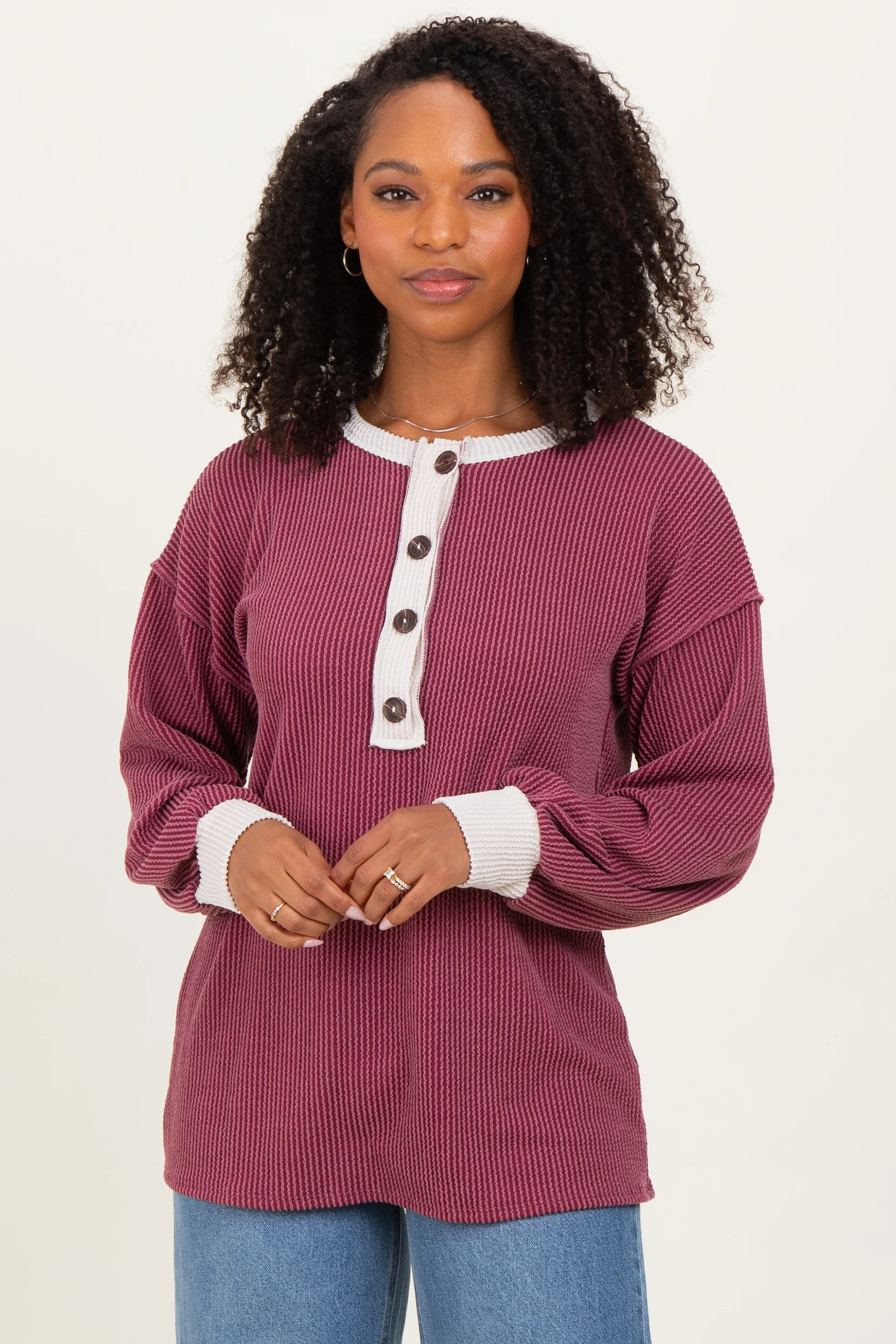 Burgundy Long Sleeve Contrast Button Detail Rib Maternity Top - Image 4