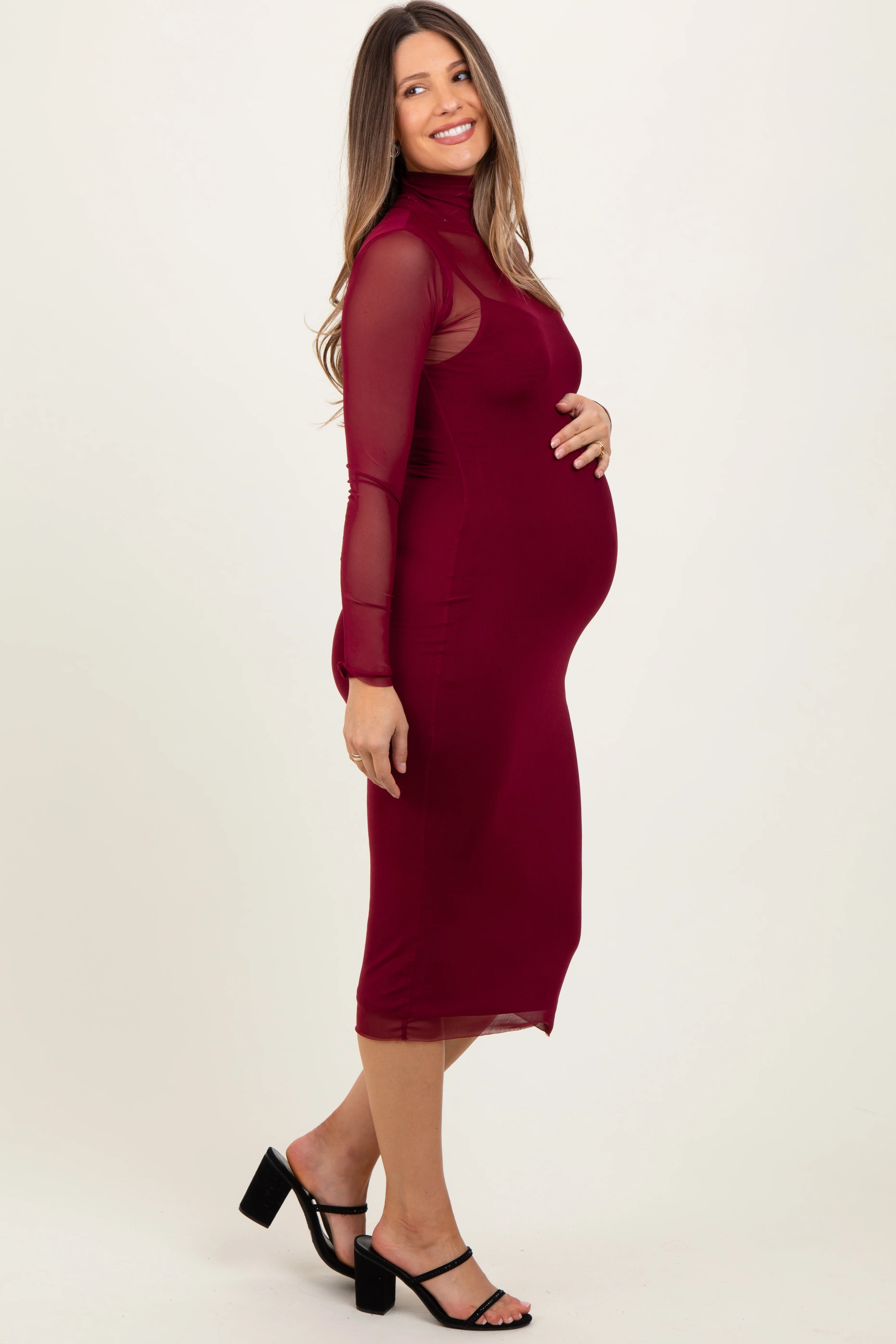 Burgundy Mesh Overlay Fitted Maternity Midi Dress - Image 3