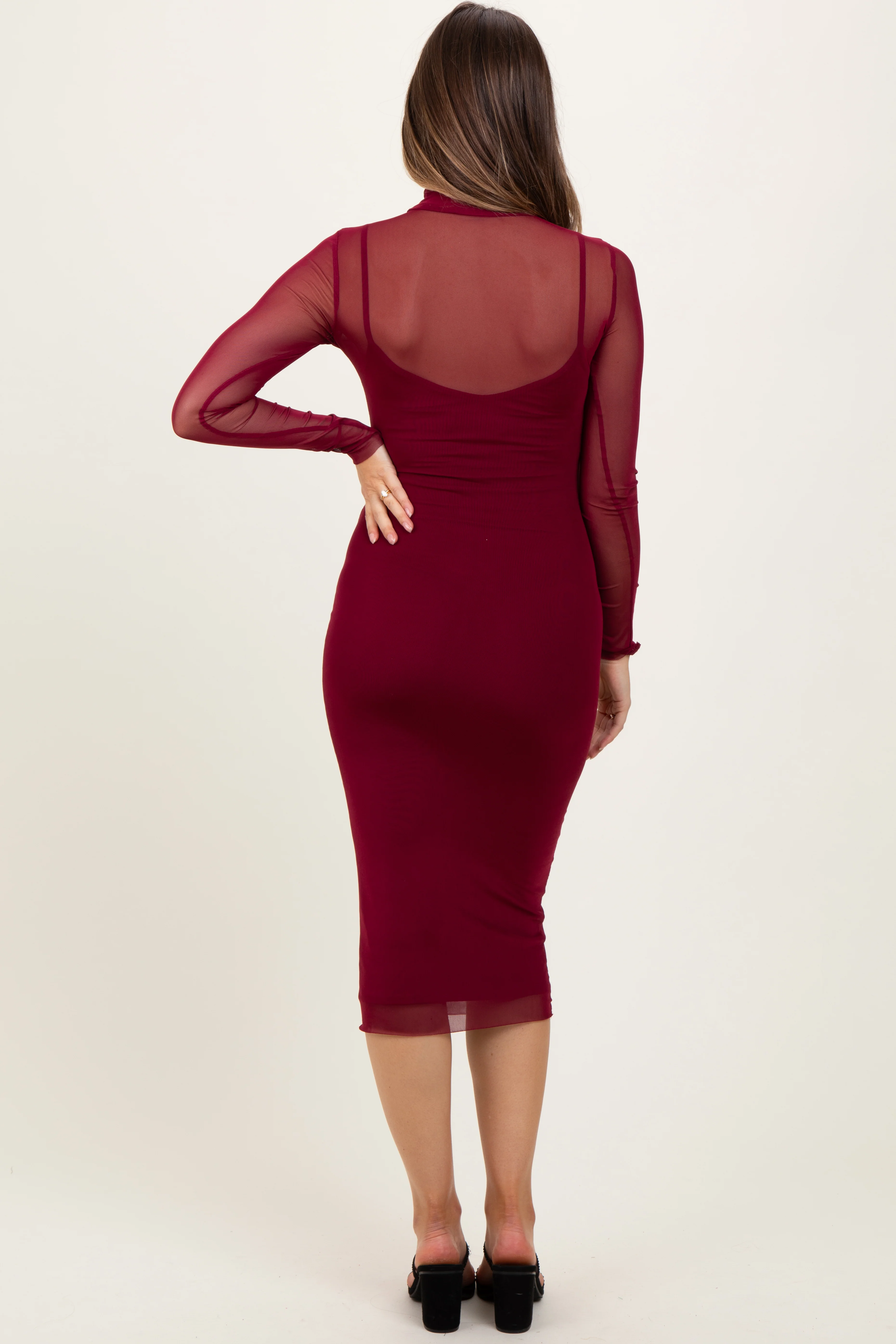 Burgundy Mesh Overlay Fitted Maternity Midi Dress - Image 4