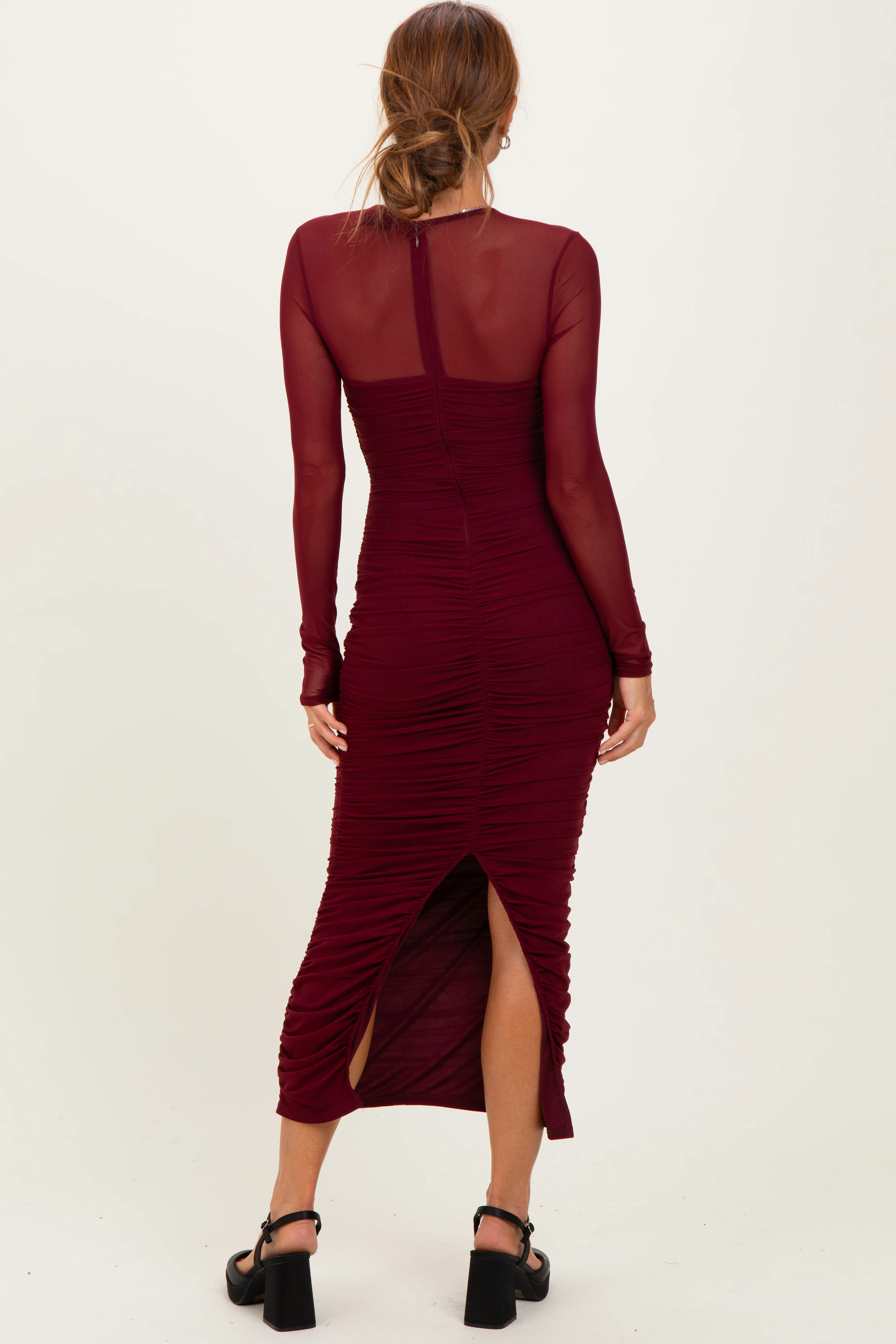 Burgundy Mesh Ruched Long Sleeve Midi Dress - Image 4