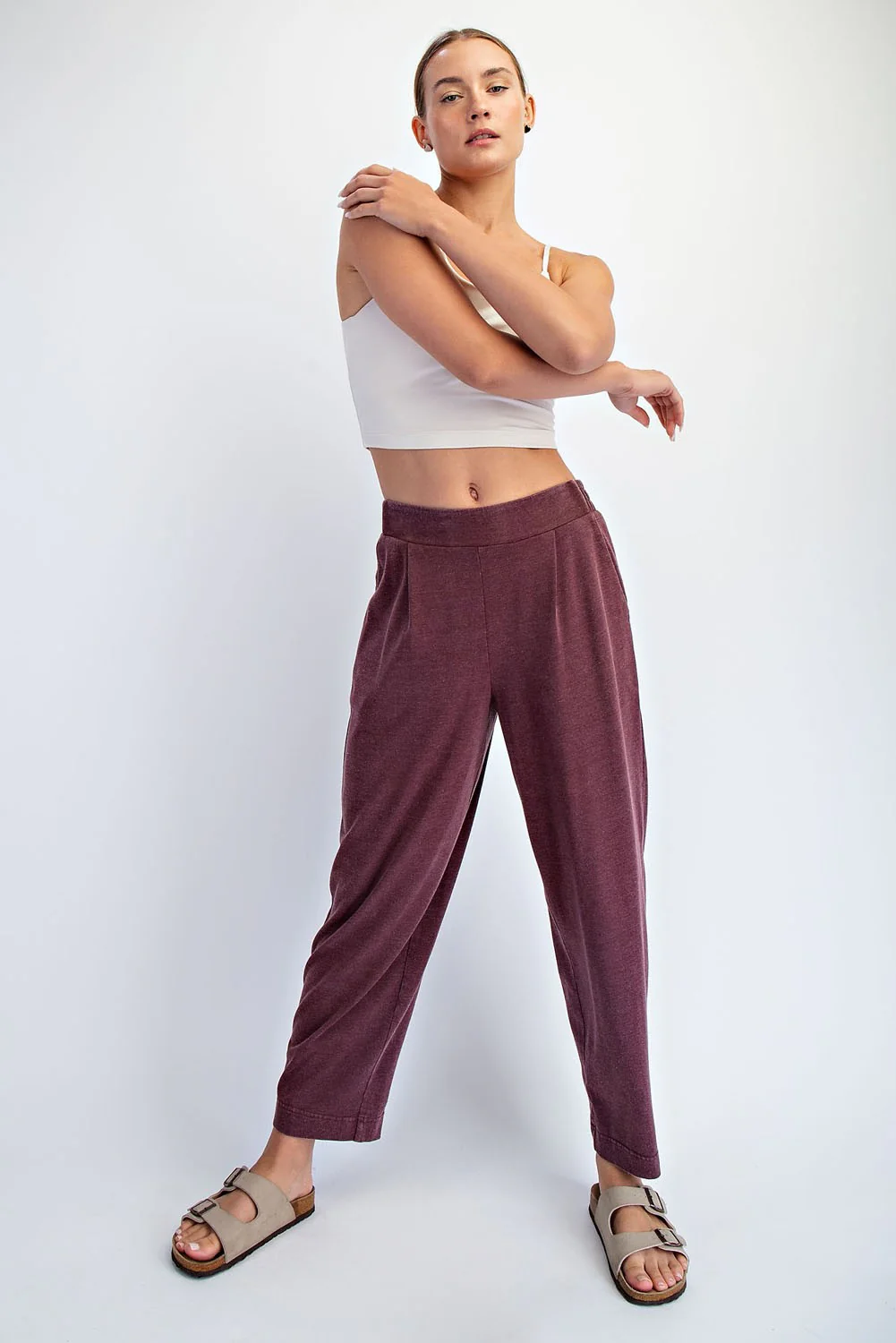 Burgundy Mineral Wash Pleated Maternity Lounge Pants - Image 6