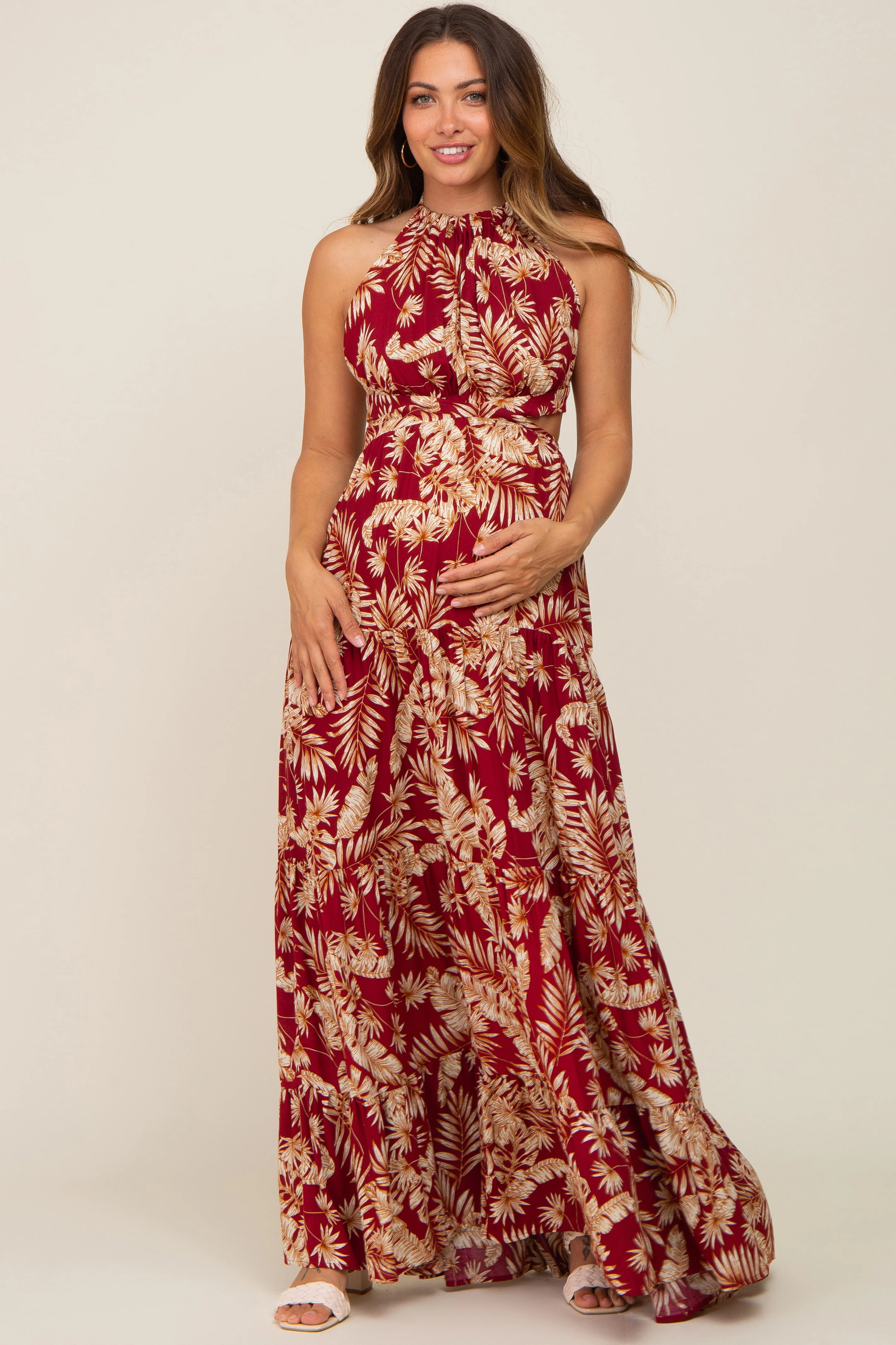 Burgundy Palm Open Back Halter Tiered Maternity Maxi Dress - Image 2