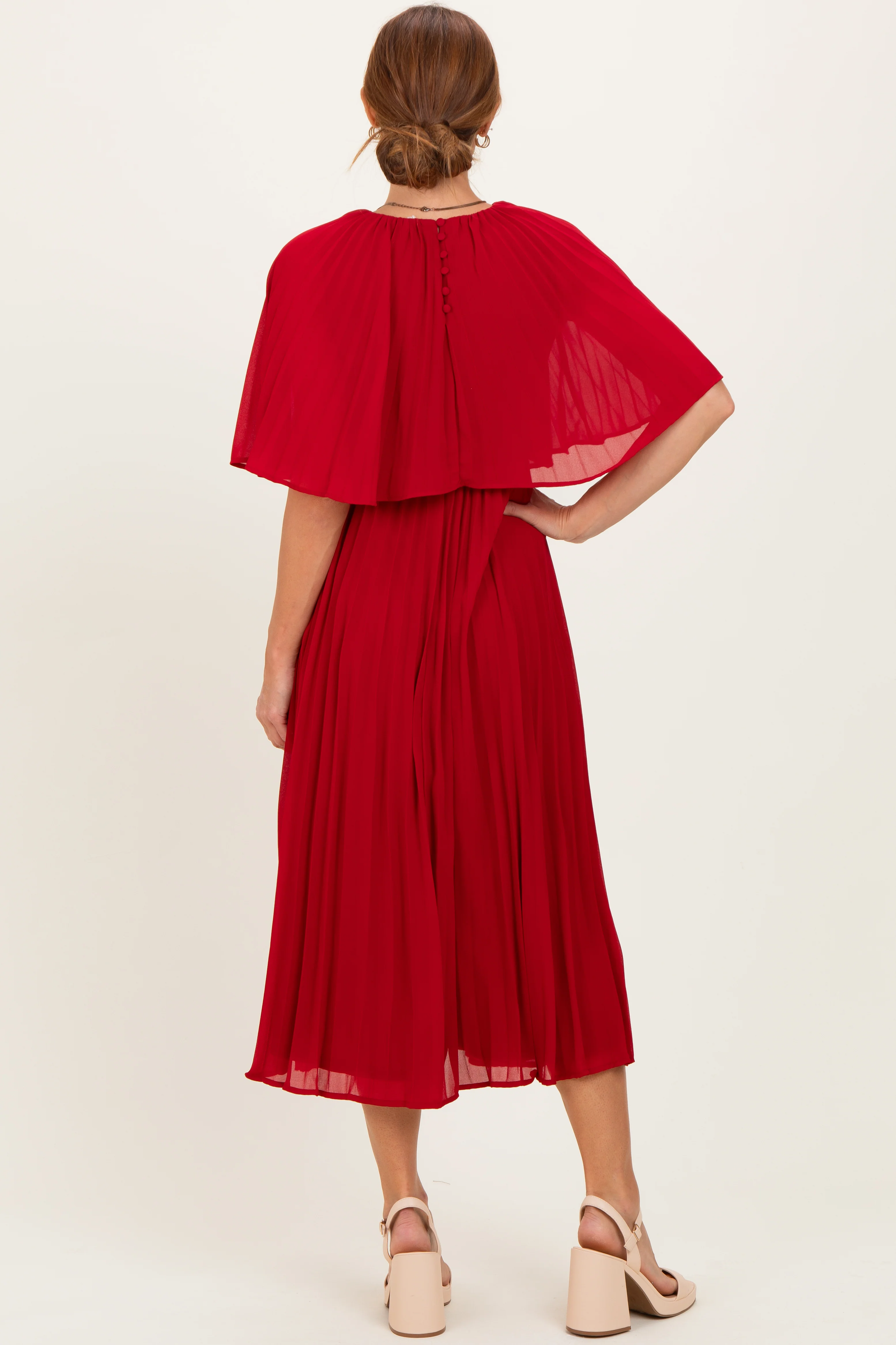 Burgundy Pleated Cape Midi Dress - Image 4
