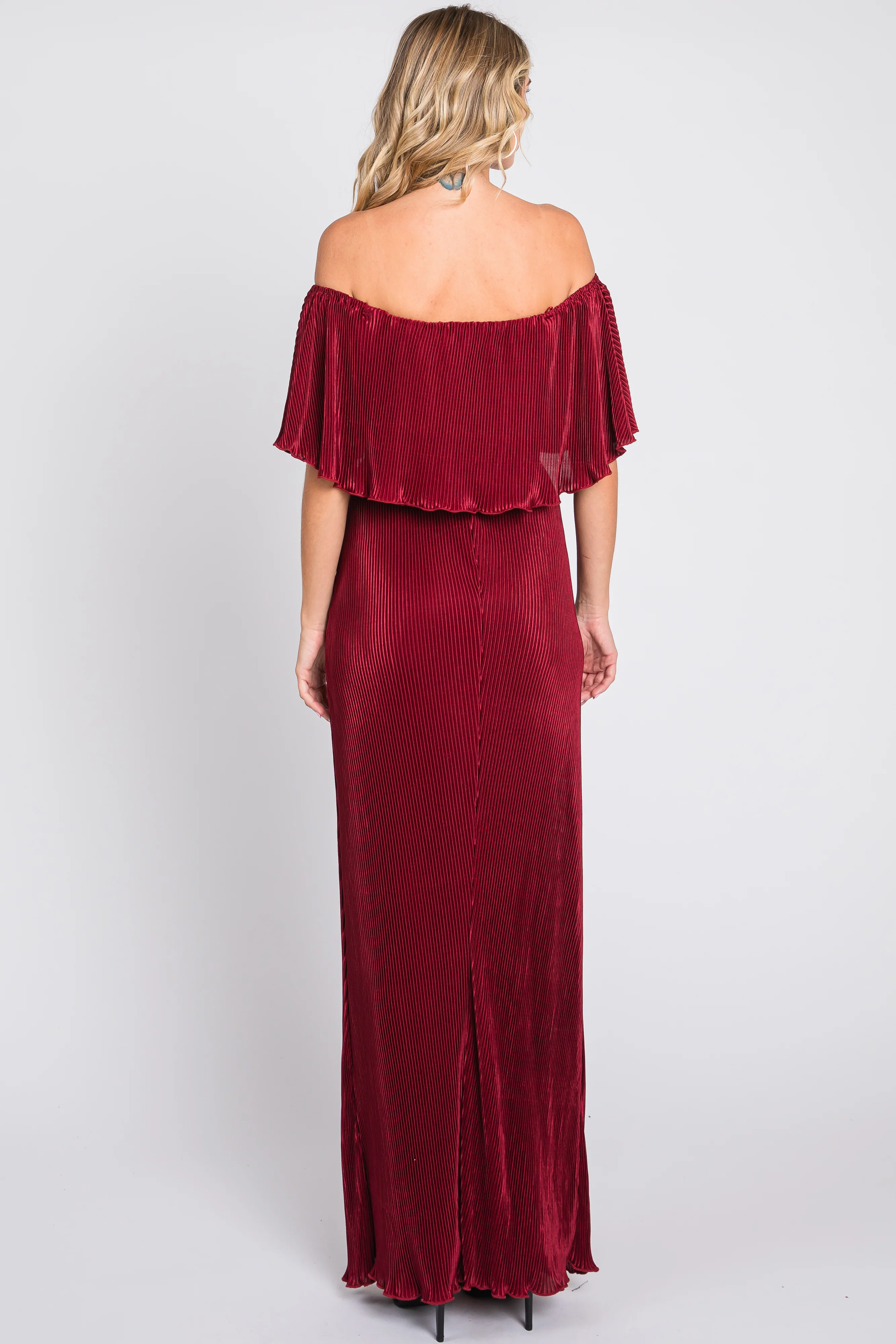 Burgundy Pleated Ruffle Off Shoulder Maxi Dress - Image 3