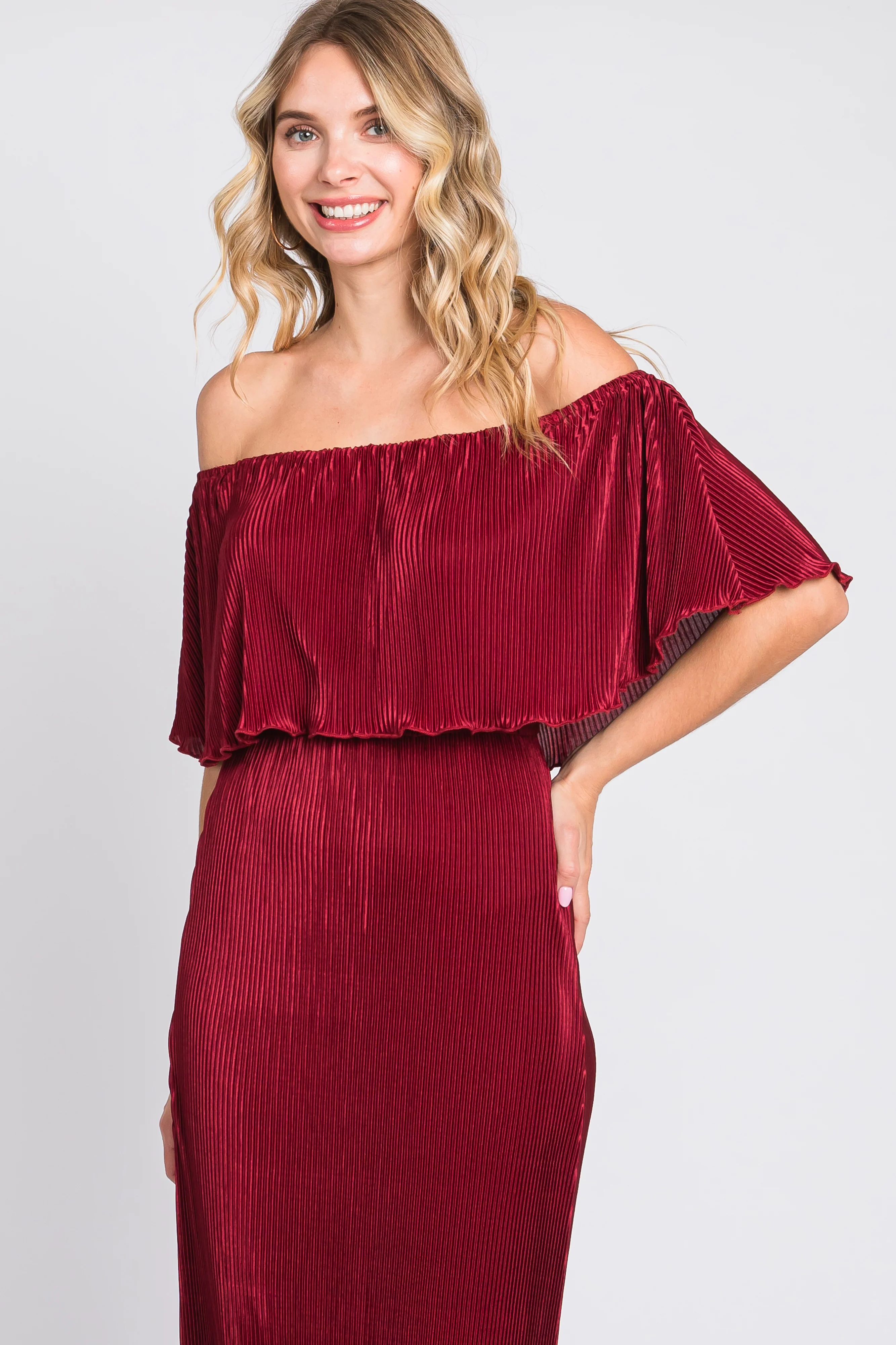 Burgundy Pleated Ruffle Off Shoulder Maxi Dress - Image 4