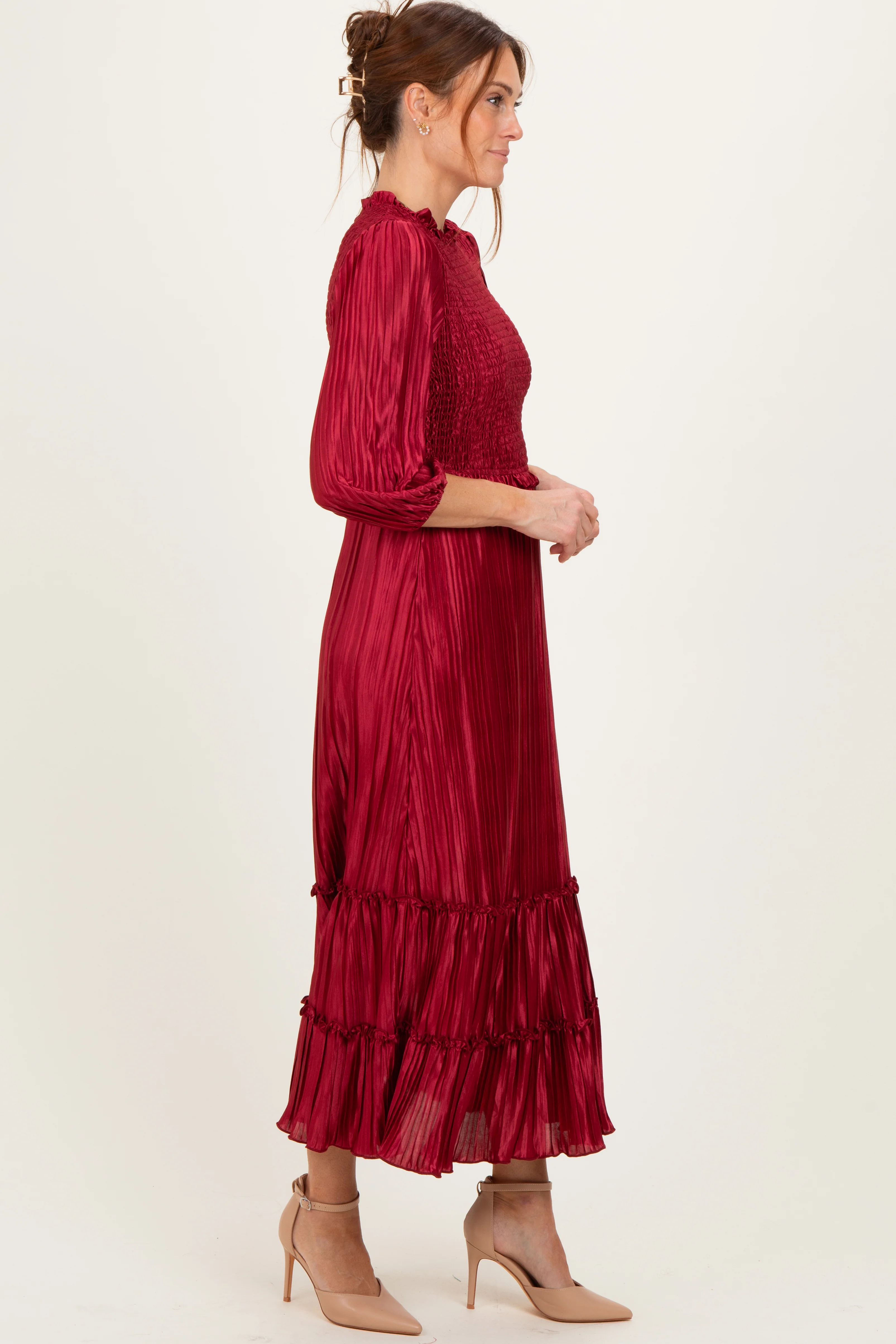 Burgundy Pleated Satin Smocked Bodice Midi Dress - Image 3