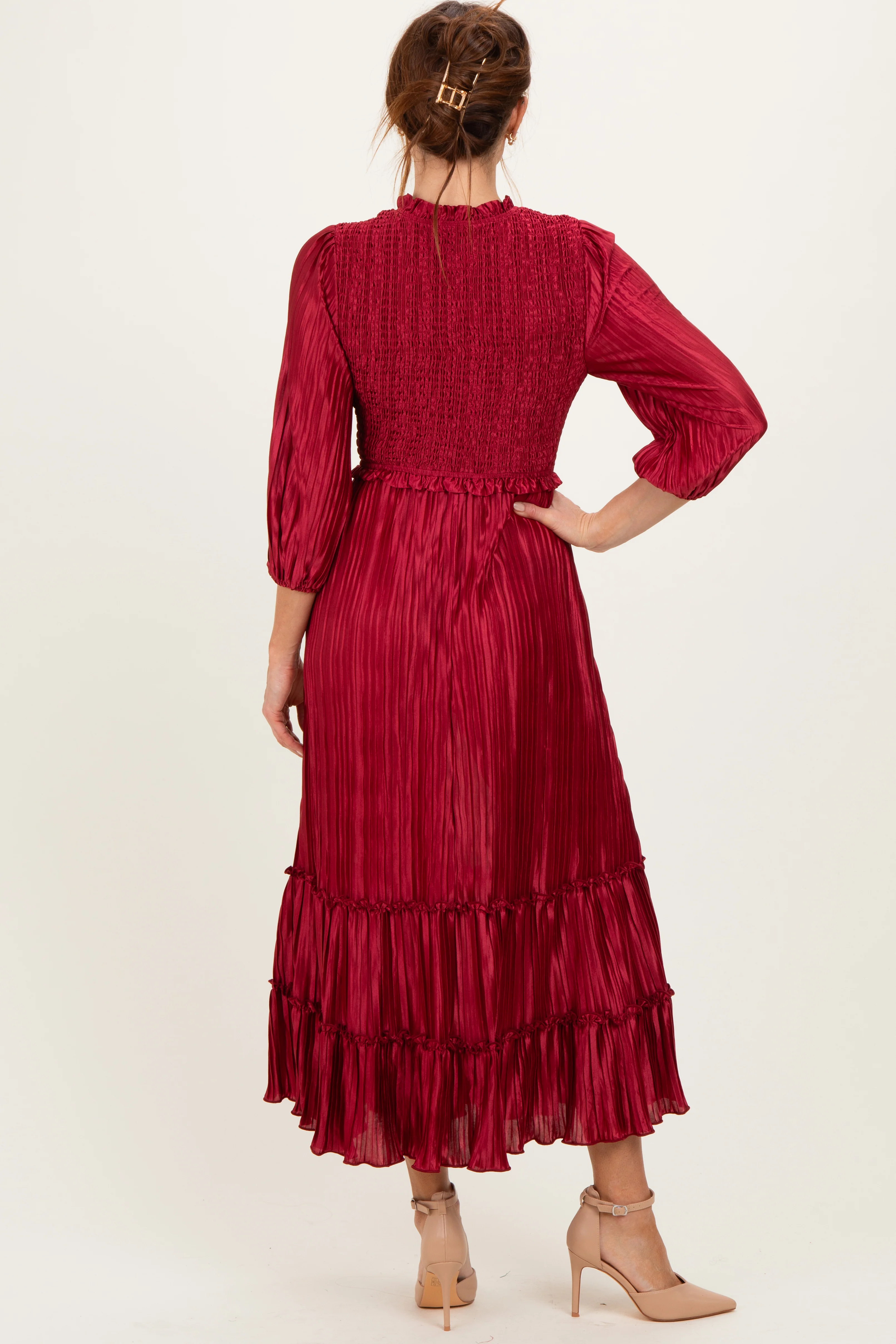 Burgundy Pleated Satin Smocked Bodice Midi Dress - Image 4