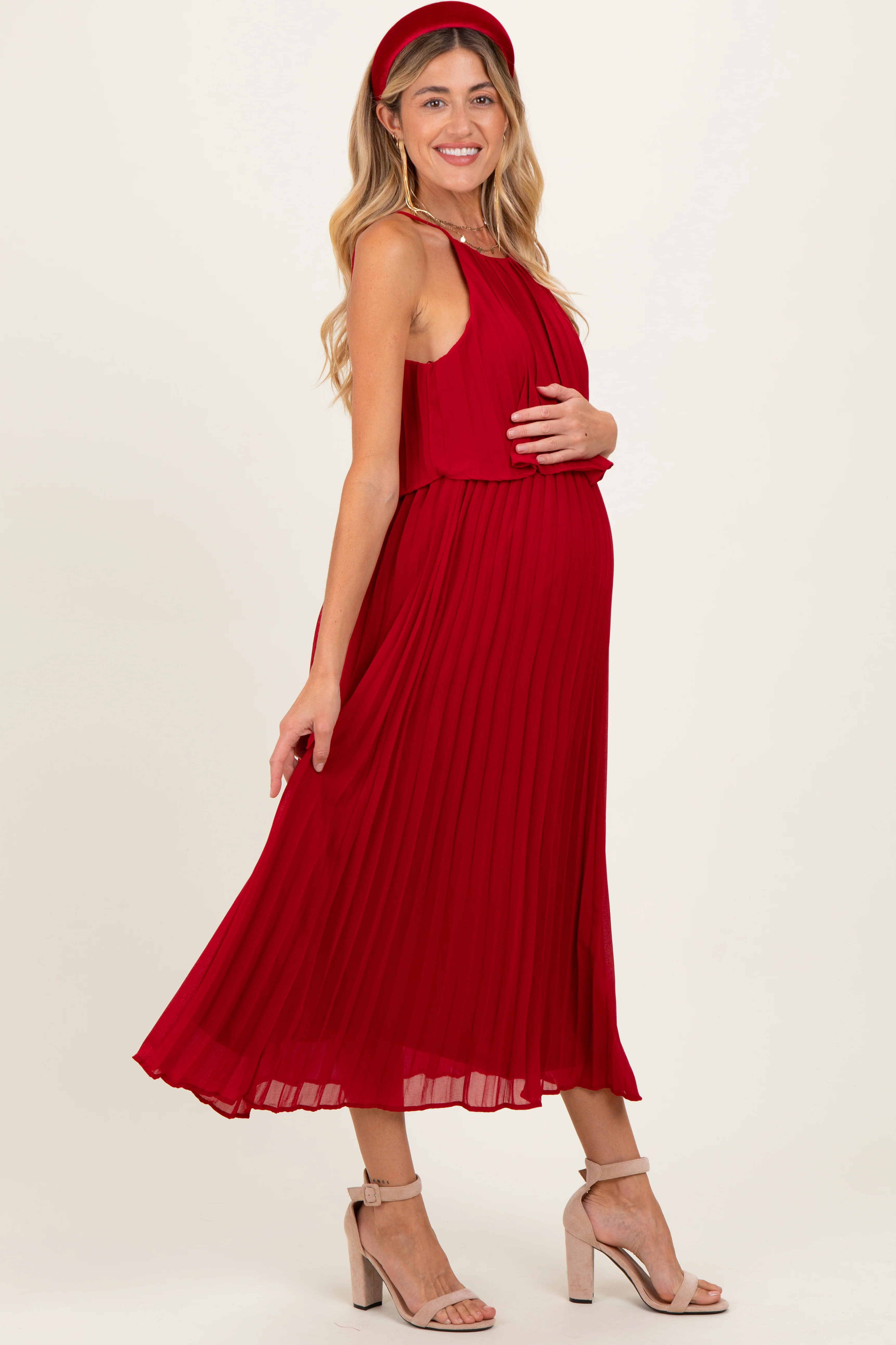 Burgundy Pleated Woven Maternity Midi Dress - Image 3