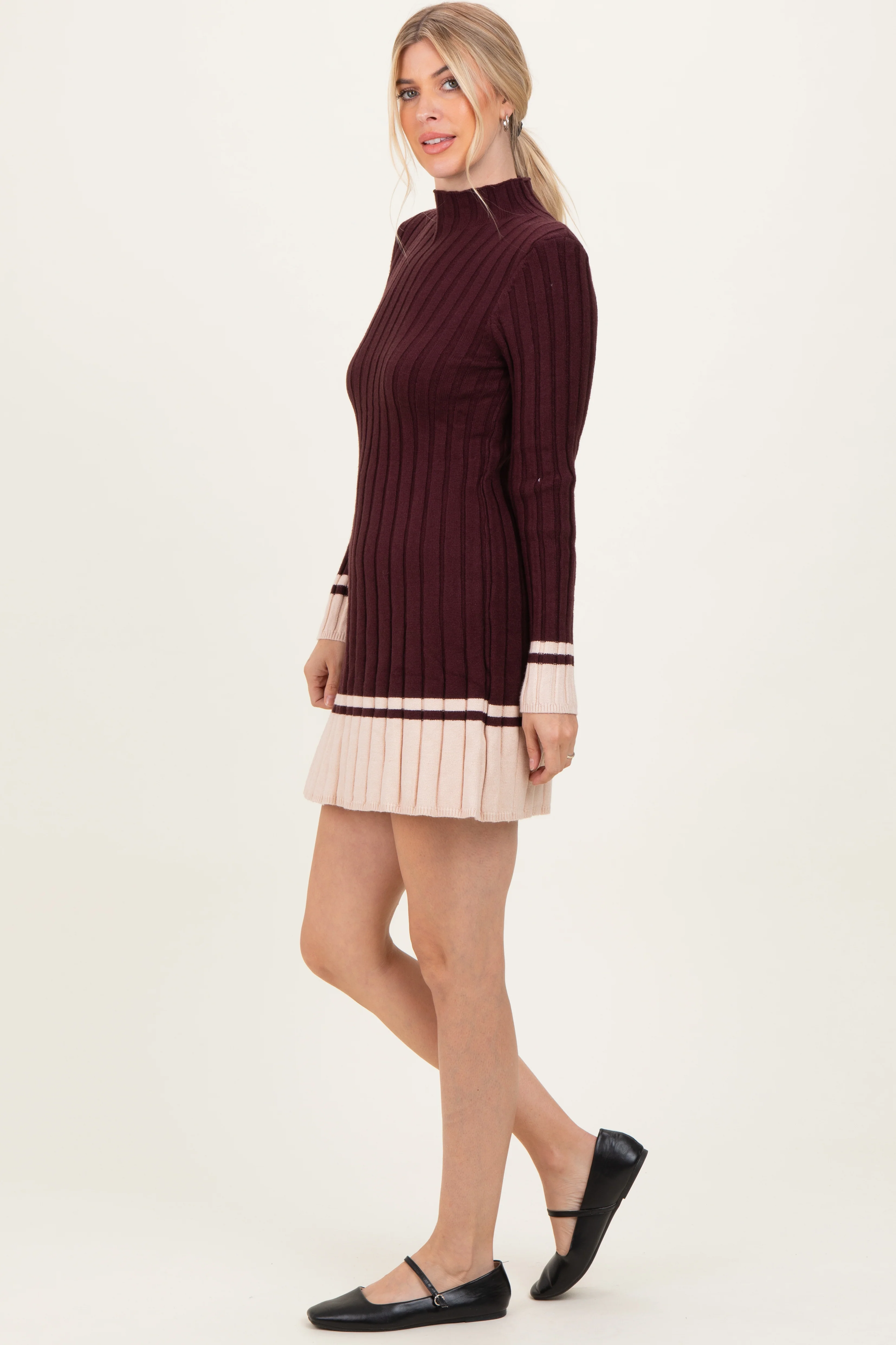 Burgundy Ribbed Contrast Hem Sweater Dress - Image 3