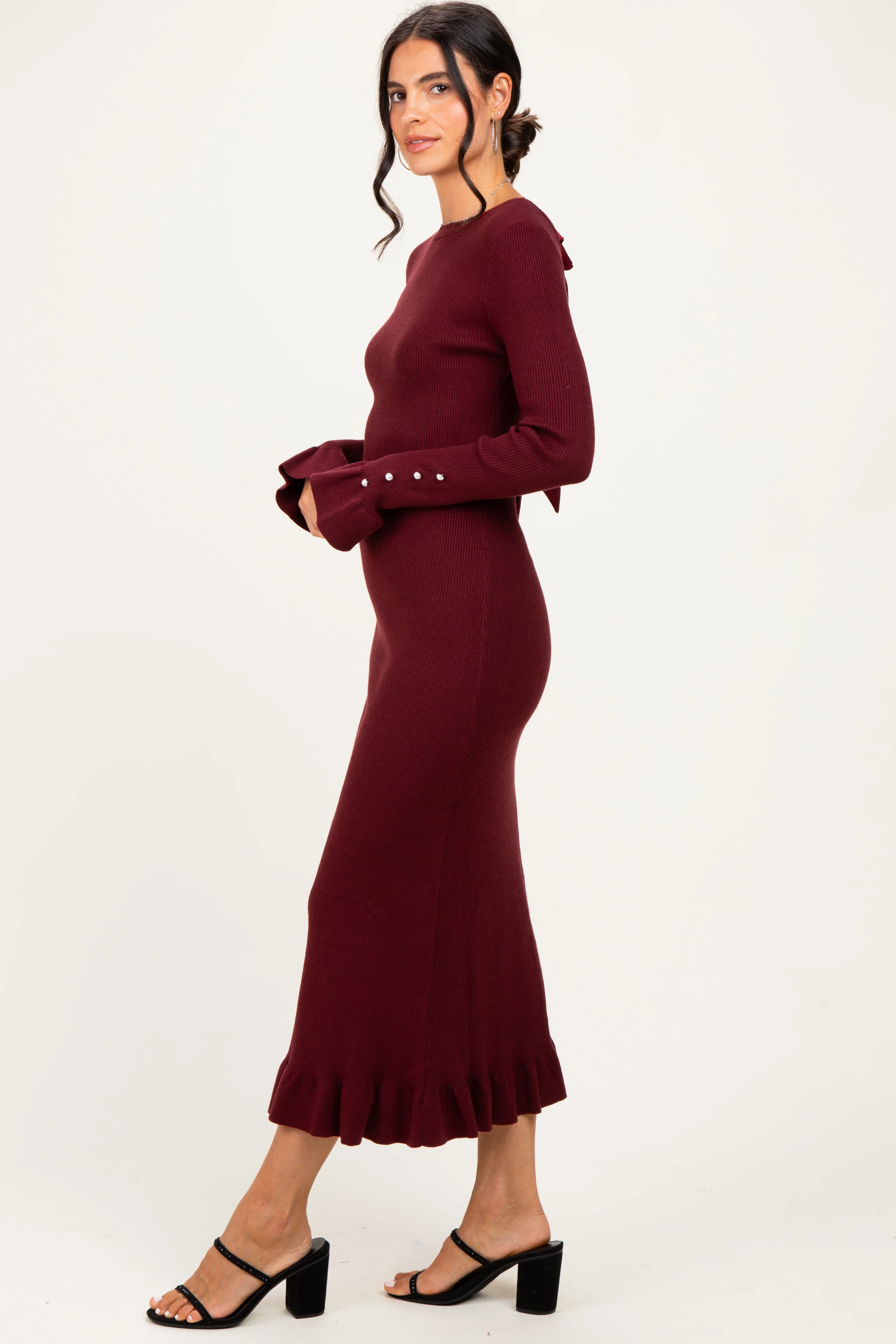 Burgundy Ribbed Knit Bow Back Maxi Dress - Image 3