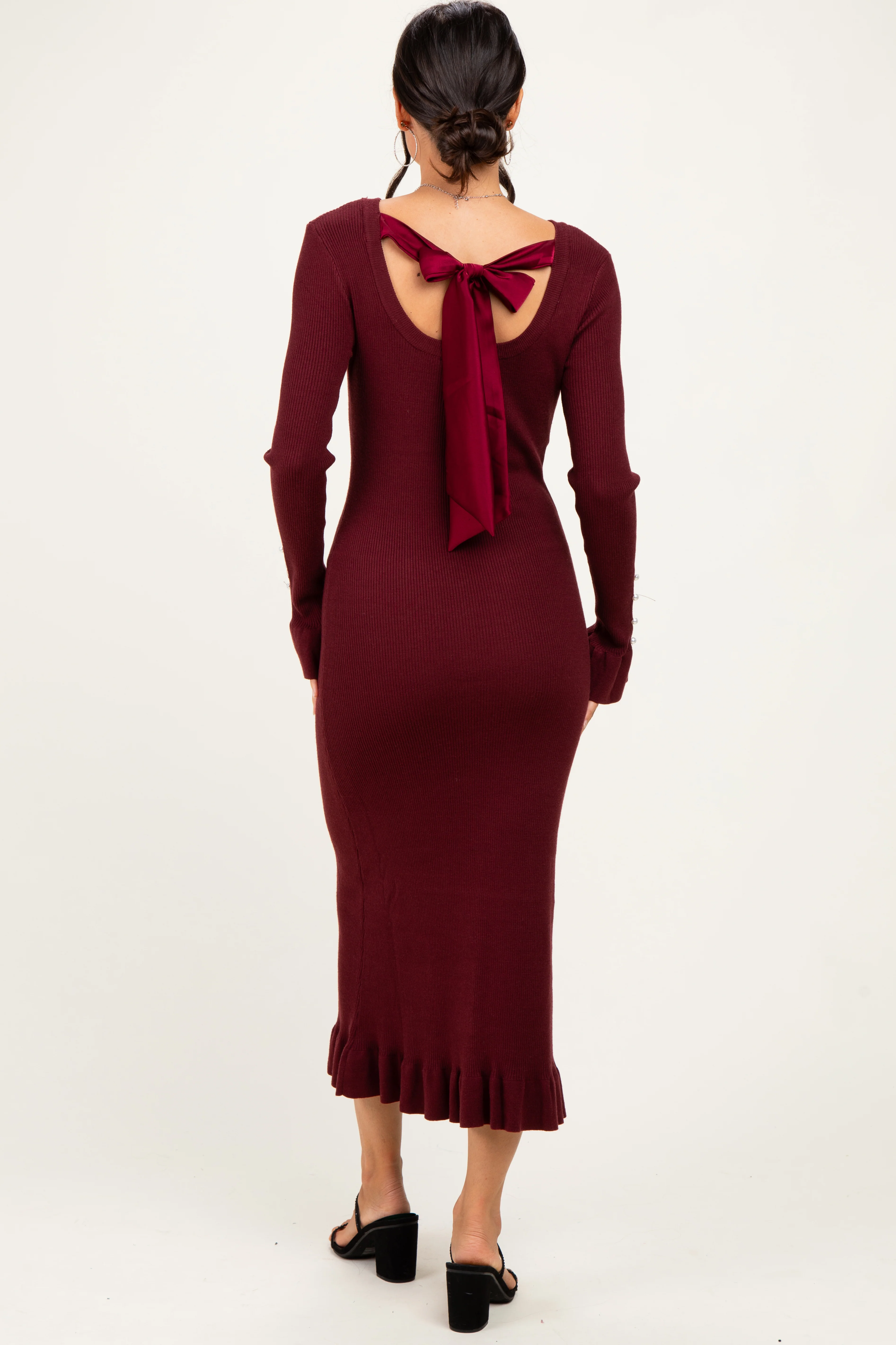 Burgundy Ribbed Knit Bow Back Maxi Dress - Image 4