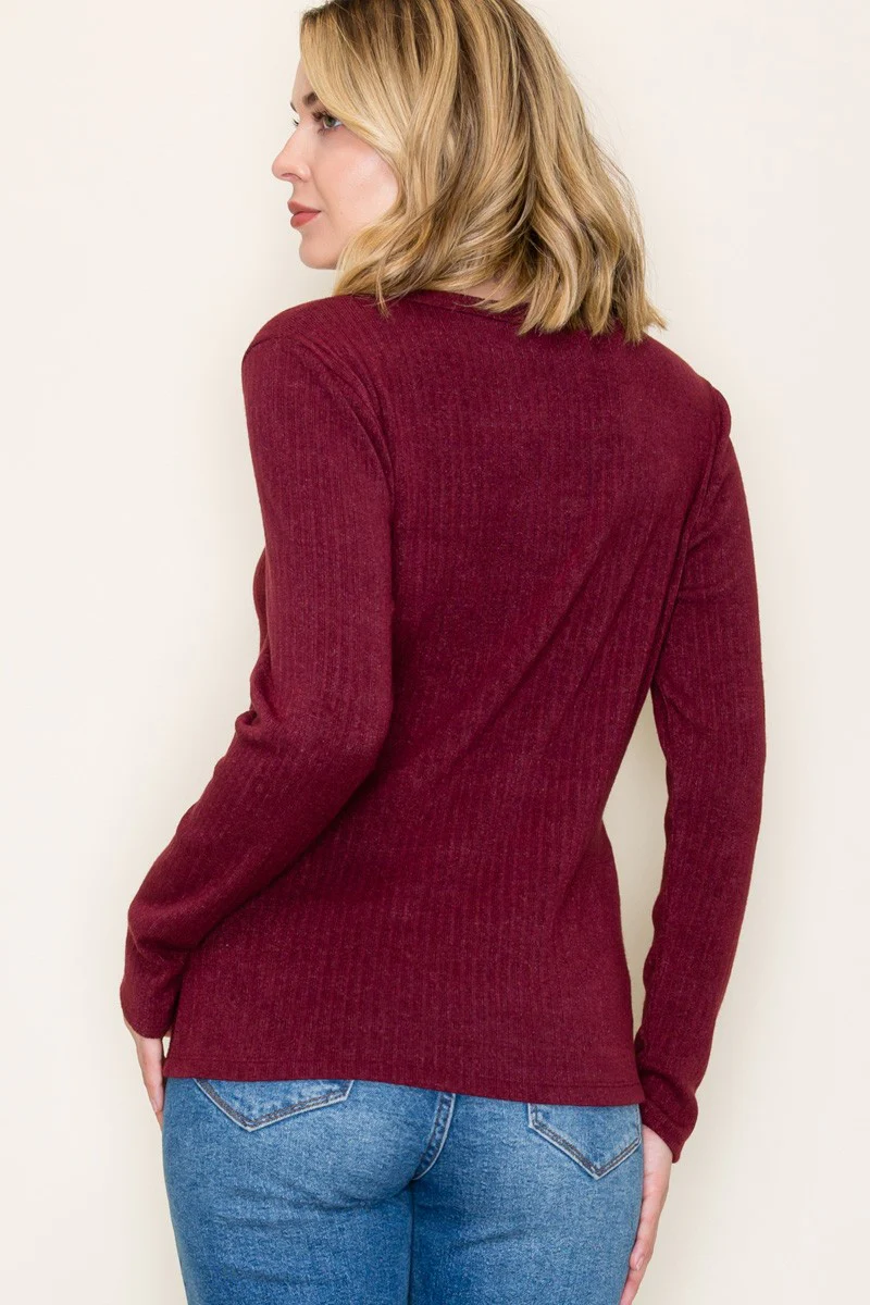 Burgundy Ribbed Knit Long Sleeve Top - Image 4