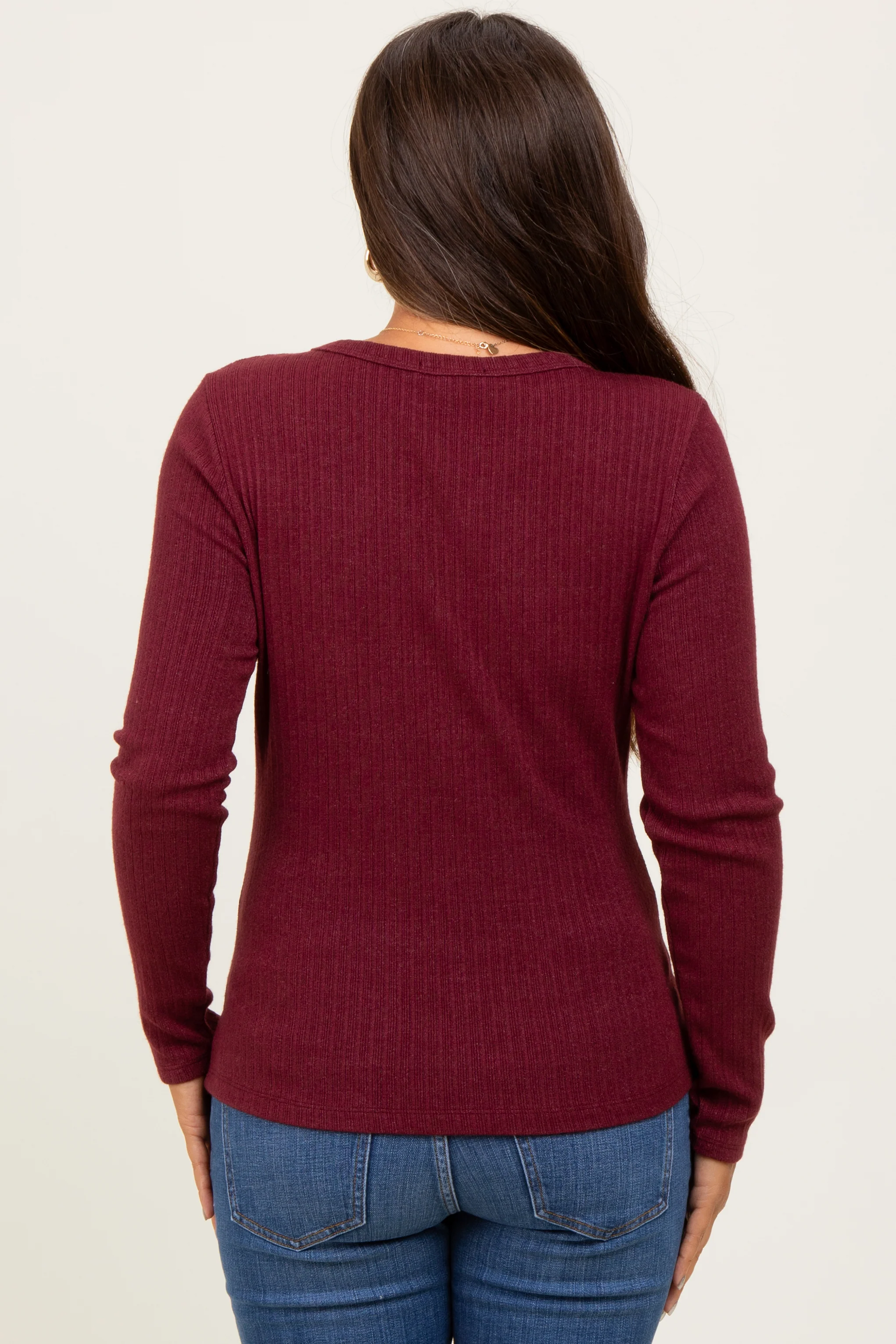 Burgundy Ribbed Knit Maternity Long Sleeve Top - Image 4
