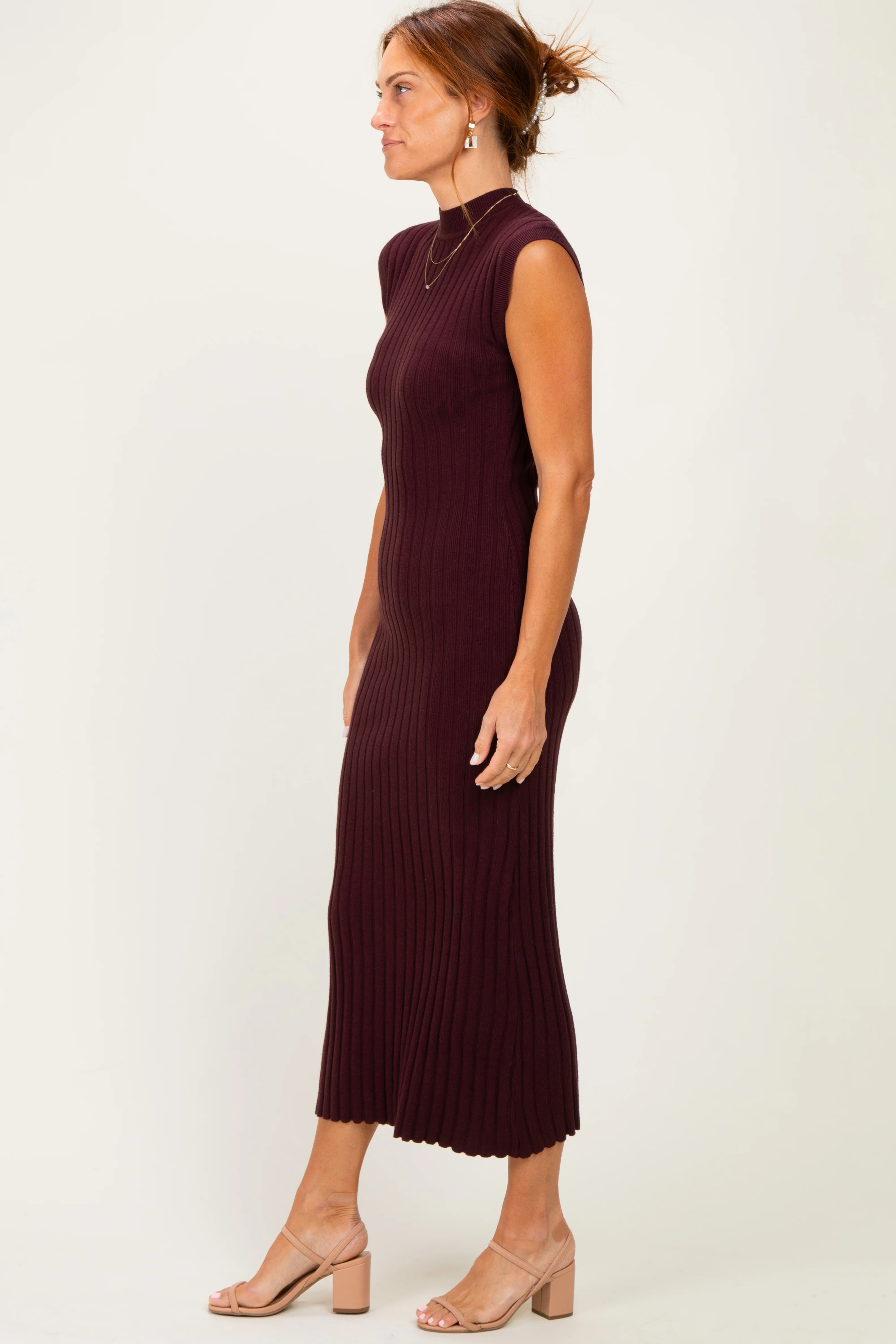 Burgundy Ribbed Knit Mock Neck Maxi Dress - Image 2