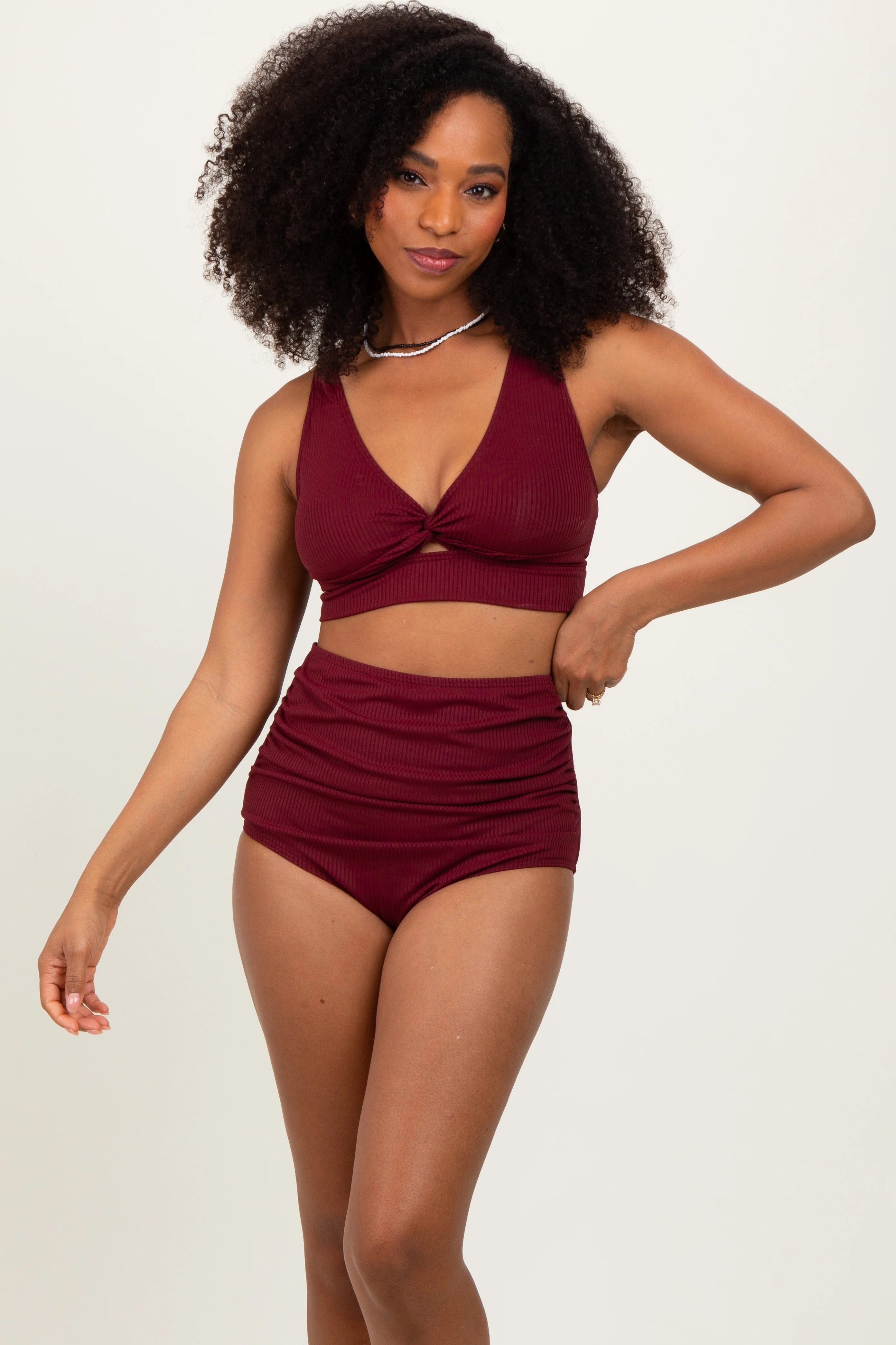 Burgundy Ribbed Twist Cutout Front Maternity Swim Set - Image 5