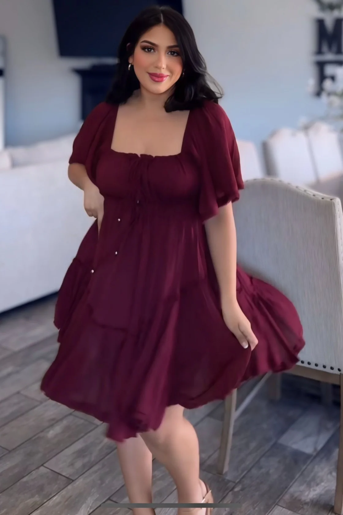 Burgundy Ruffle Hem Ruched Mini Dress - Image 5