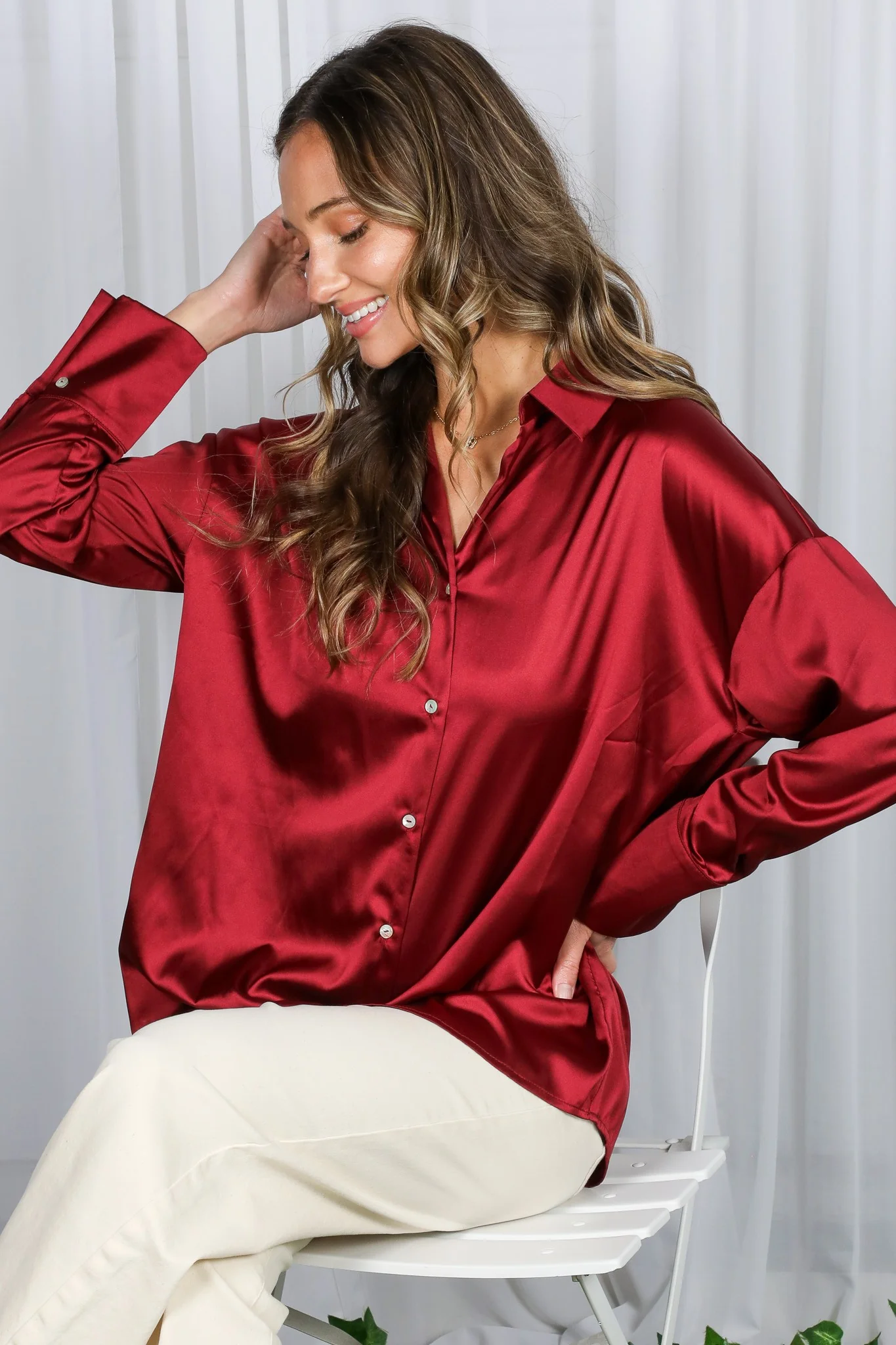 Burgundy Satin Button Up Blouse - Image 2