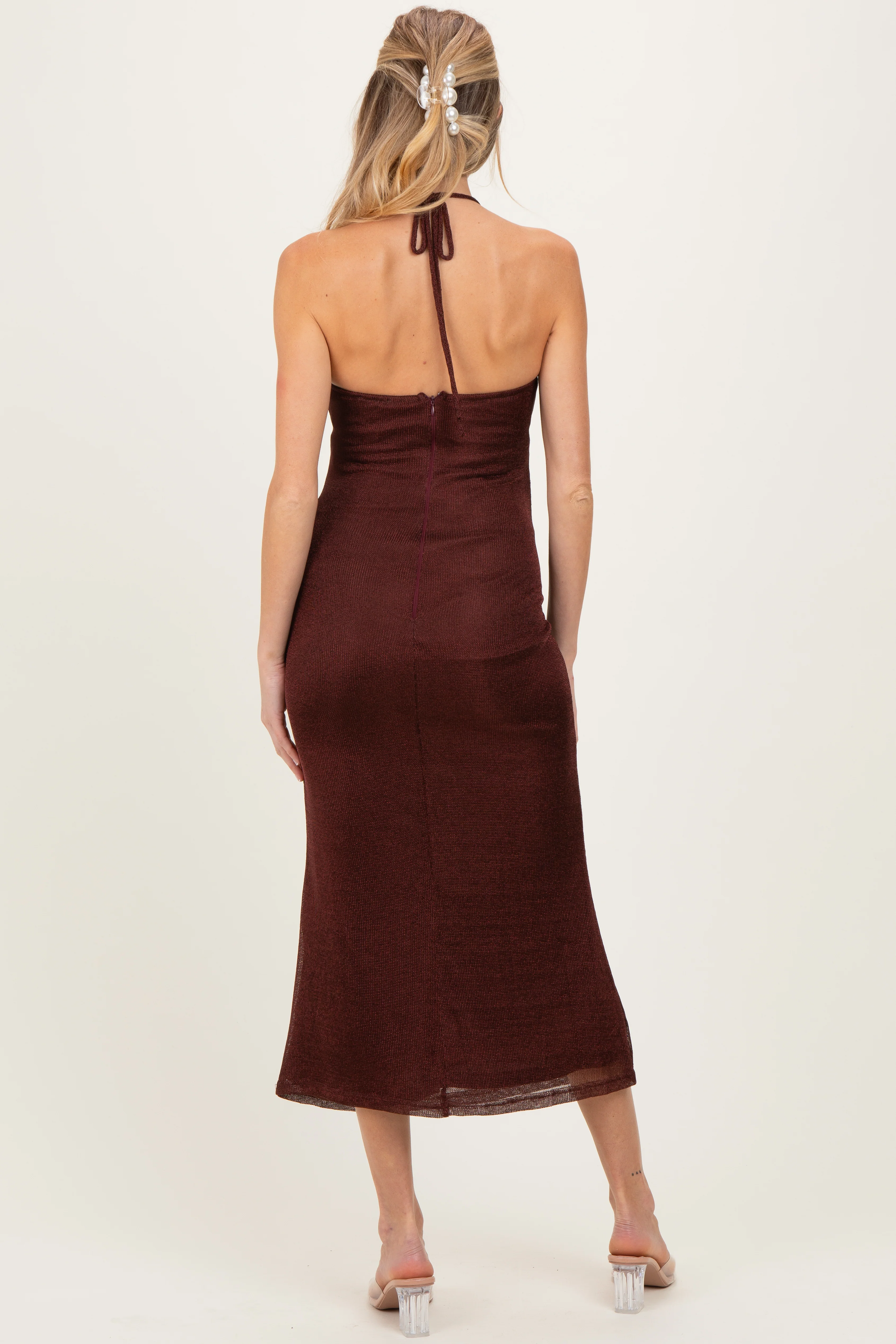 Burgundy Satin Halter Maternity Midi Dress - Image 4
