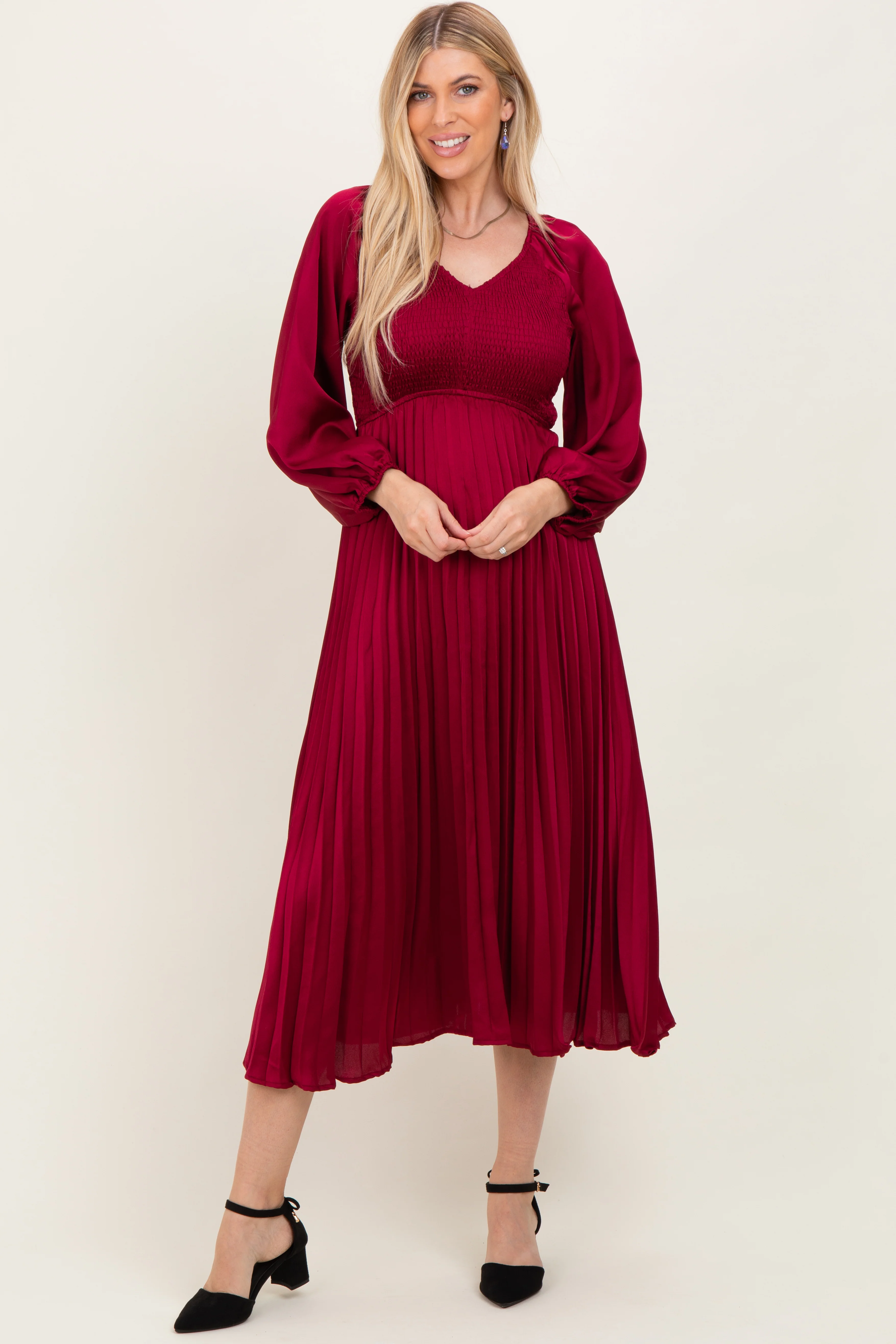 Burgundy Satin Smocked Pleated Maternity Midi Dress - Image 5
